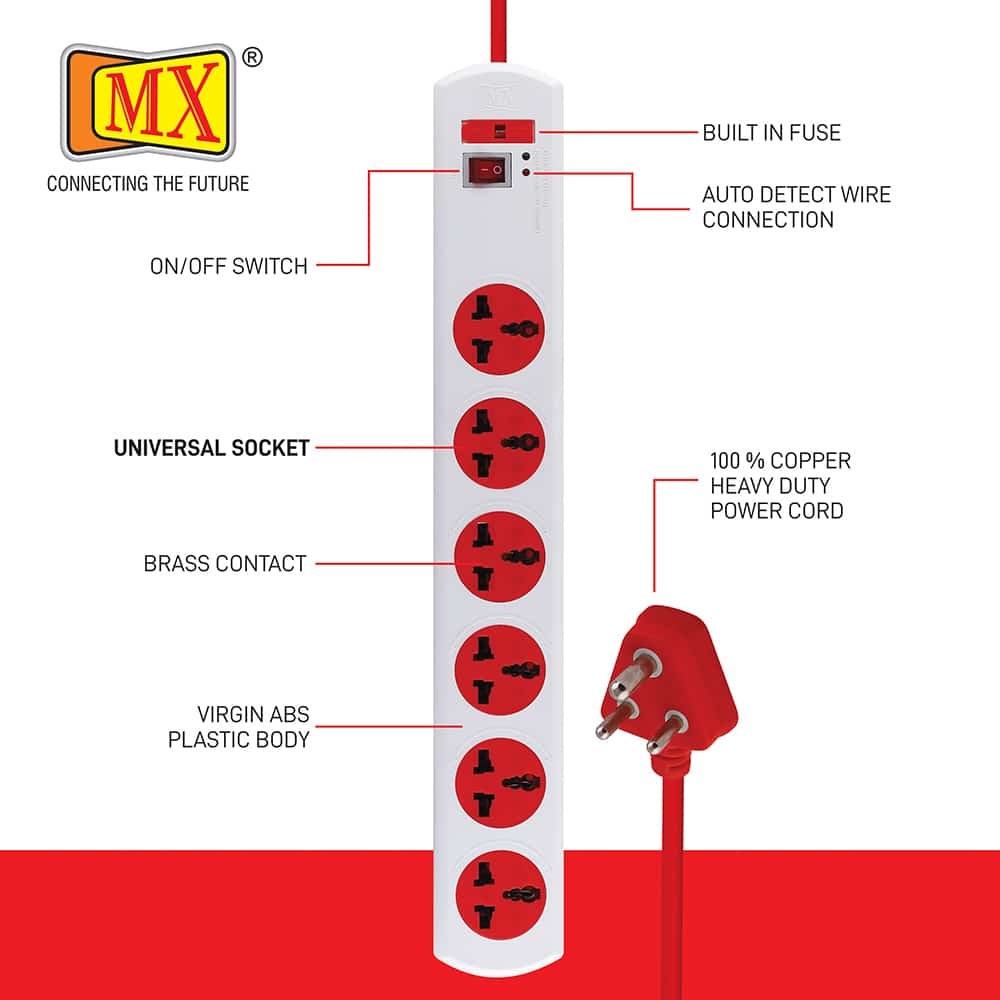 MX Power Strip with 6 Universal Socket, Master Switch, Power Indicator, 1.5 mtr Cord Length for home appliances like electric cooktop & Stove - Image 2
