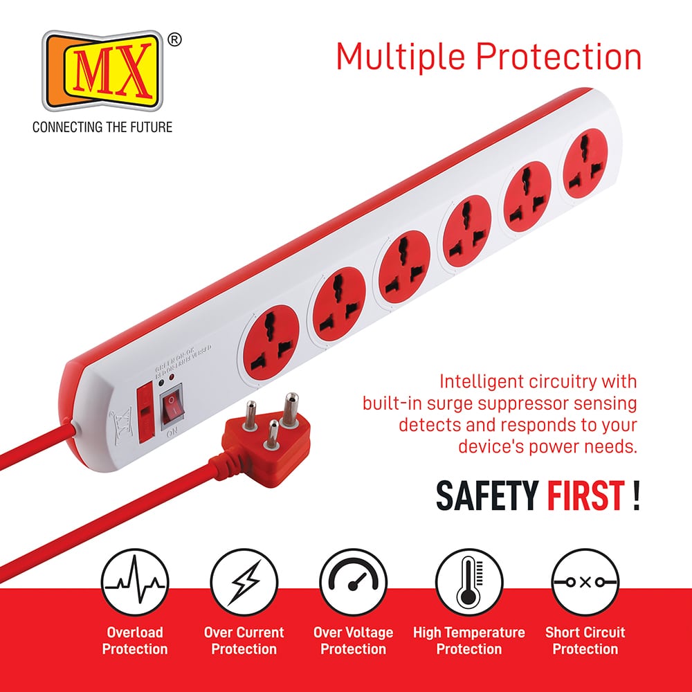MX Power Strip with 6 Universal Socket, Master Switch, Power Indicator, 1.5 mtr Cord Length for home appliances like electric cooktop & Stove - Image 5