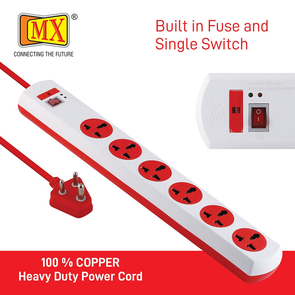 MX Power Strip with 6 Universal Socket, Master Switch, Power Indicator, 1.5 mtr Cord Length for home appliances like electric cooktop & Stove - Image 4