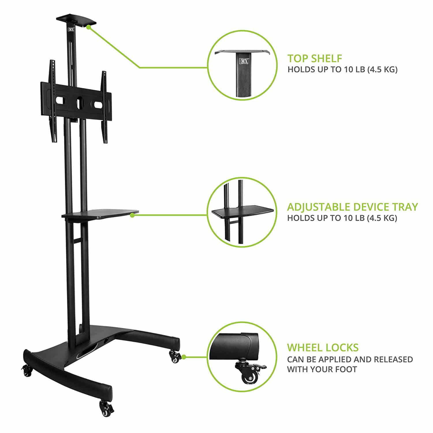 MX Universal TV Cart Mobile Stand W/ Mount for LED LCD Plasma Screen 32 to 65 MX 3885 - Image 4