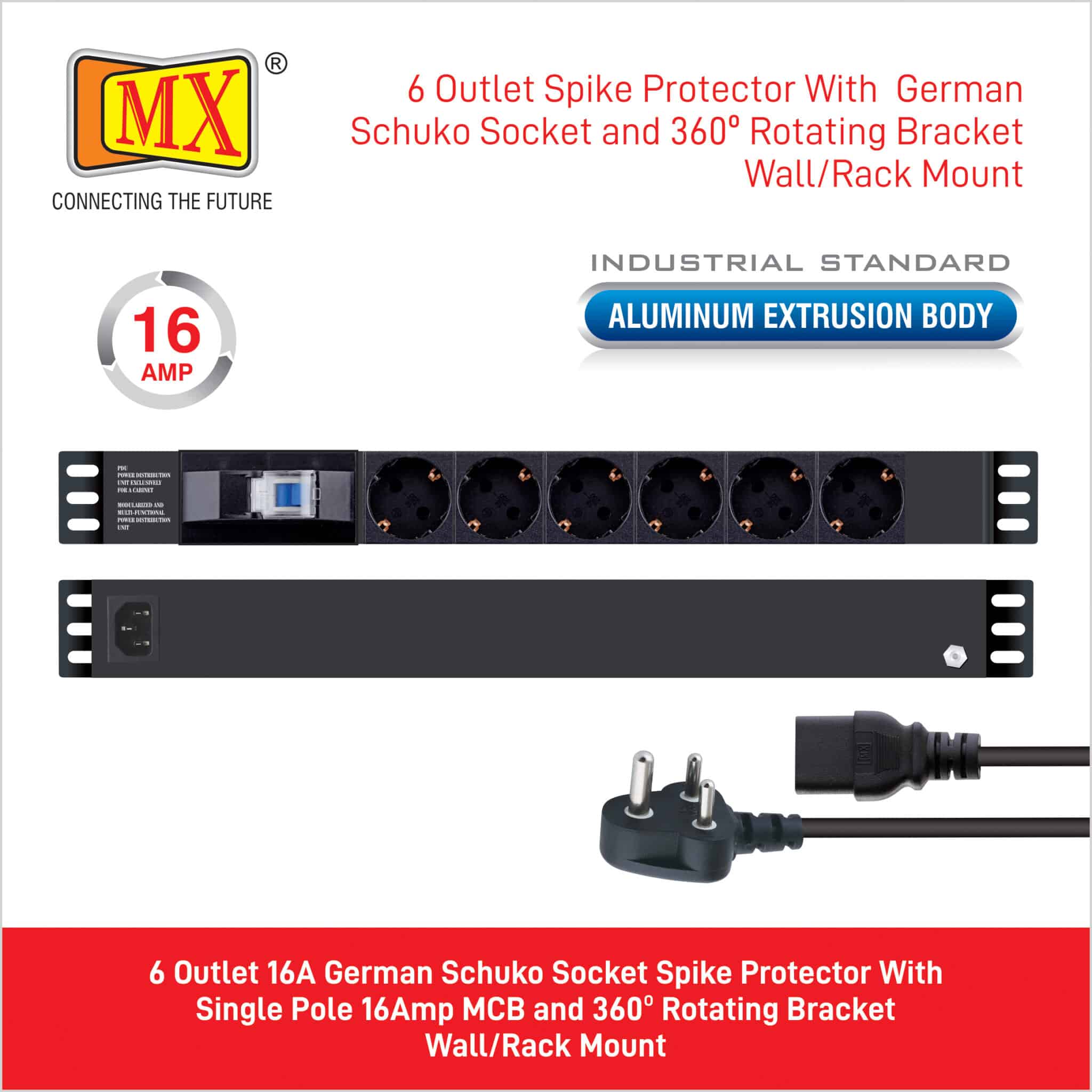 MX 6 Outlets Spike Protector German Schuko Socket of 16 Amp with Single Pole MCB ( 6000 Amp, 50 Hz ) Wall / Rack Mount for home appliances like electric cooktop & Stove - Image 5