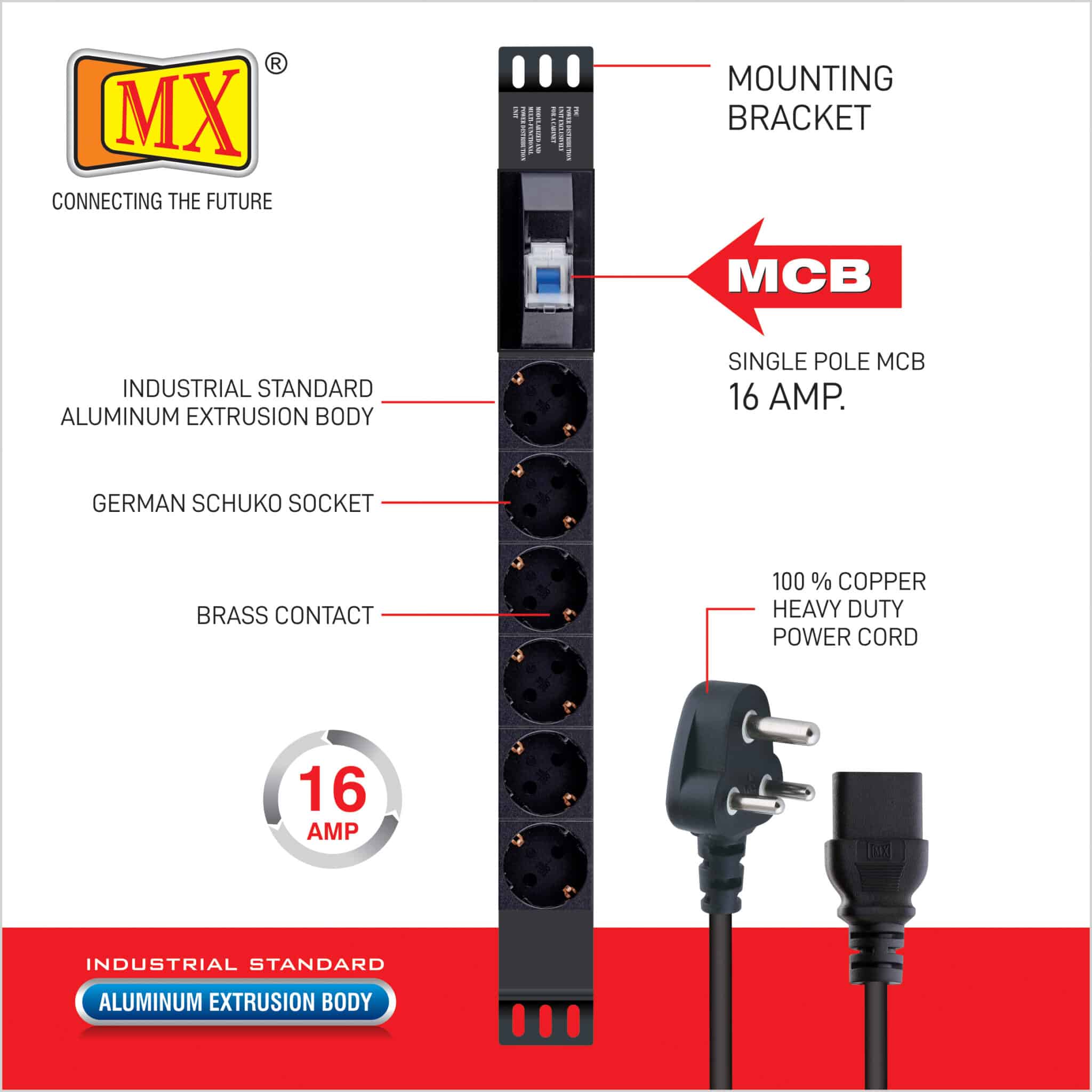 MX 6 Outlets Spike Protector German Schuko Socket of 16 Amp with Single Pole MCB ( 6000 Amp, 50 Hz ) Wall / Rack Mount for home appliances like electric cooktop & Stove - Image 2
