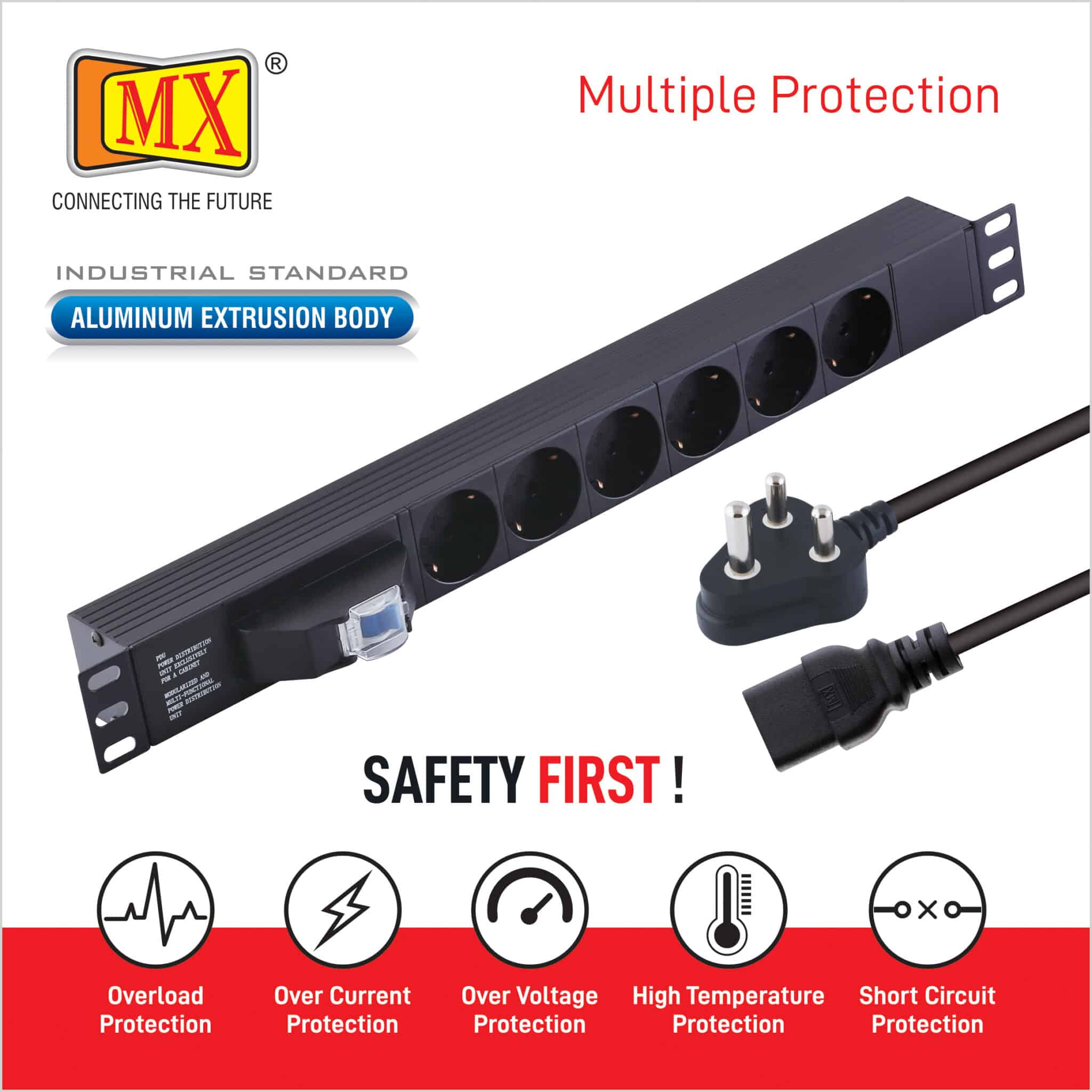 MX 6 Outlets Spike Protector German Schuko Socket of 16 Amp with Single Pole MCB ( 6000 Amp, 50 Hz ) Wall / Rack Mount for home appliances like electric cooktop & Stove - Image 4