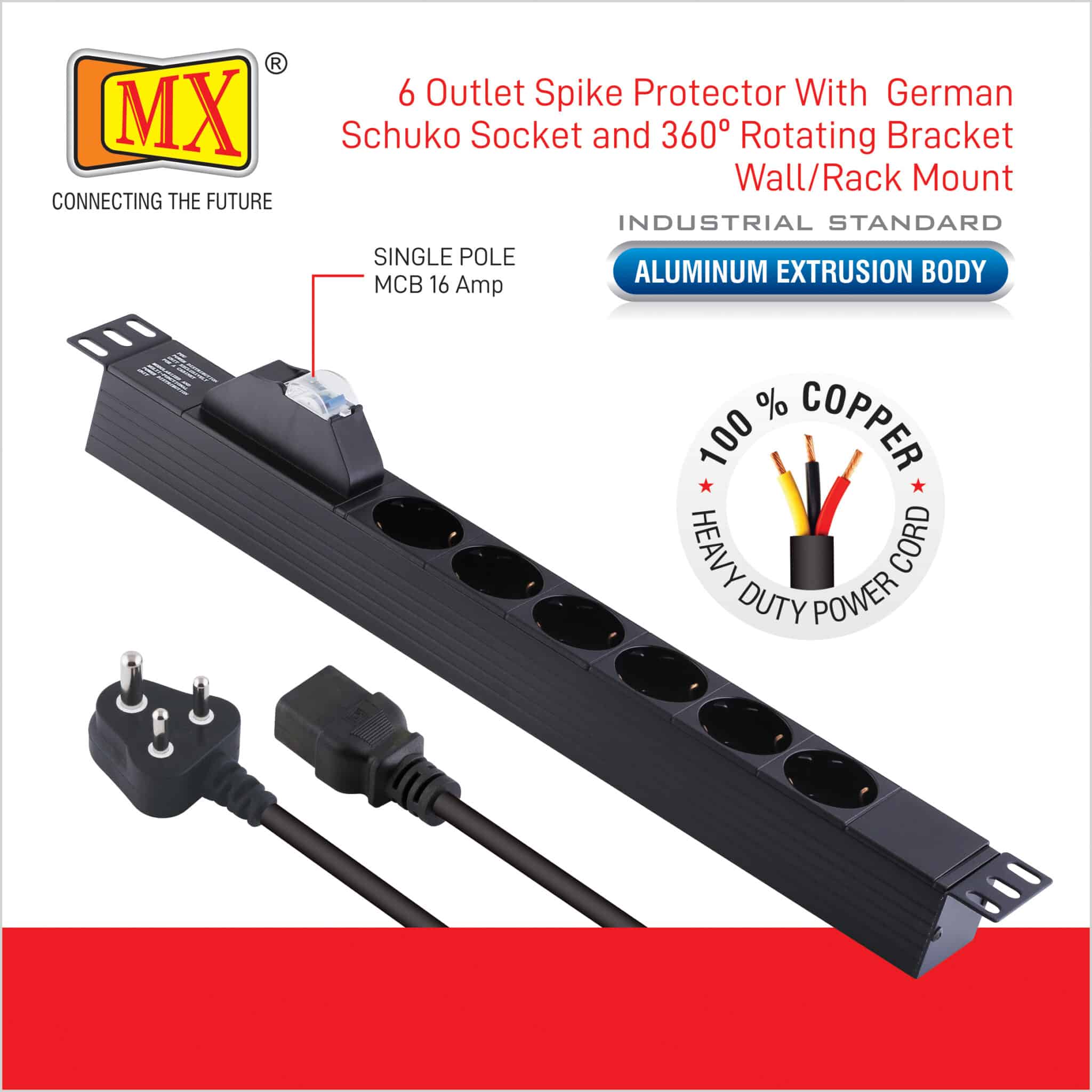 MX 6 Outlets Spike Protector German Schuko Socket of 16 Amp with Single Pole MCB ( 6000 Amp, 50 Hz ) Wall / Rack Mount for home appliances like electric cooktop & Stove - Image 3