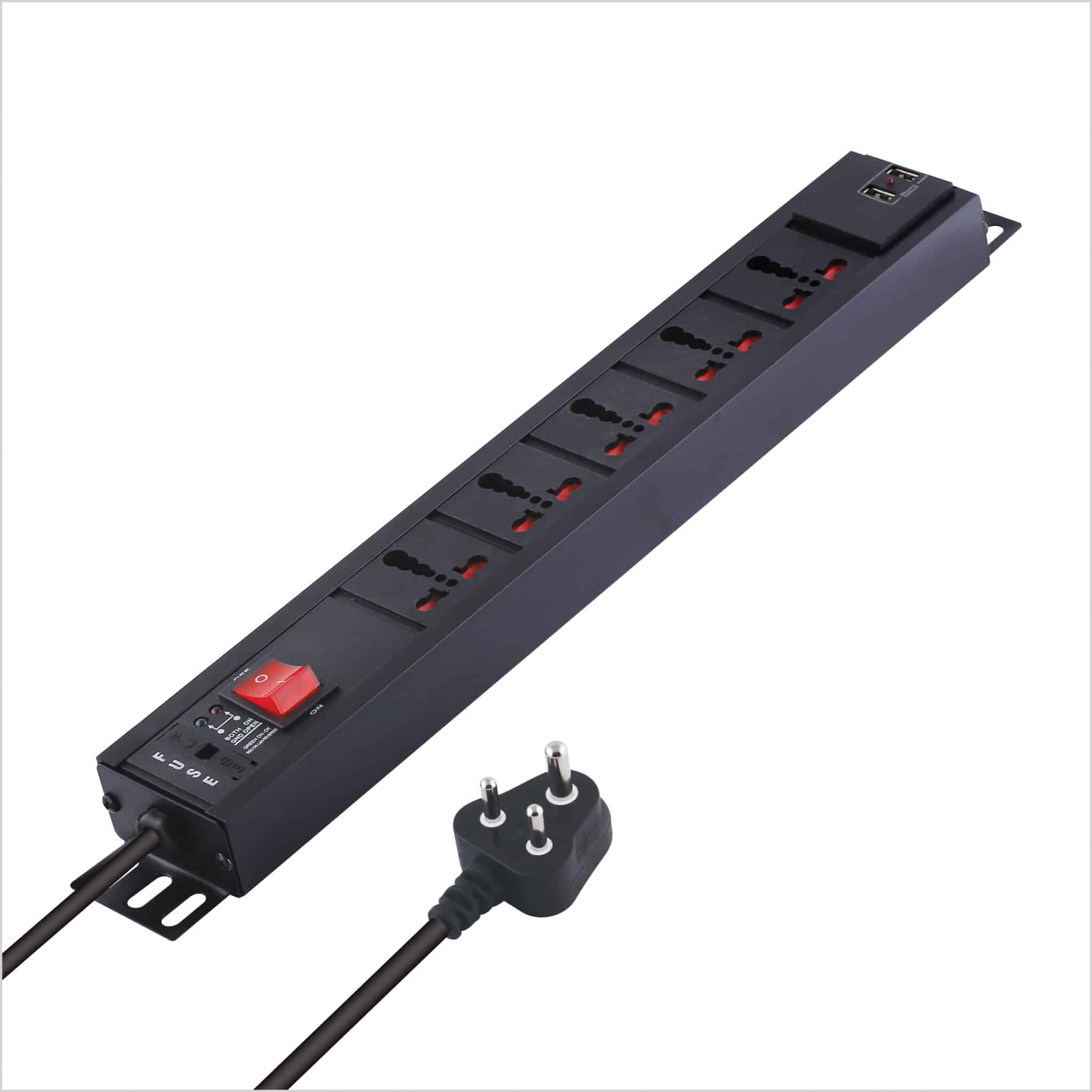 MX 5-Outlet Power Distribution Unit with Universal Socket (16 Amp), 2 USB Ports (2.1A), Master Switch, Child Safety, and Industrial-Standard Design. Wall or desk mountable with a 1.5m heavy-duty cord.