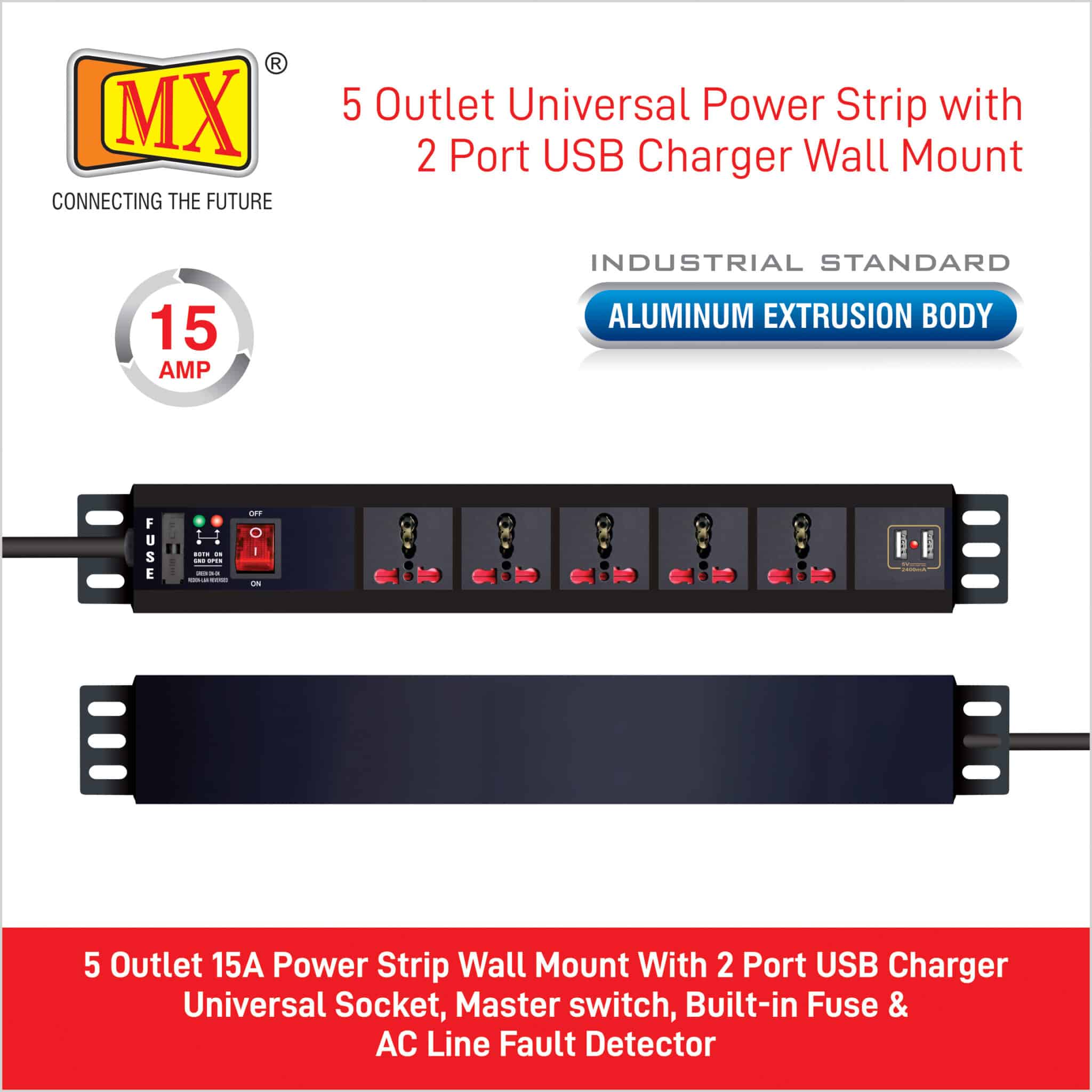 MX 5-Outlet Power Distribution Unit with Universal Socket (16 Amp), 2 USB Ports (2.1A), Master Switch, Child Safety, and Industrial-Standard Design. Wall or desk mountable with a 1.5m heavy-duty cord for home appliances like electric cooktop & Stove - Image 5