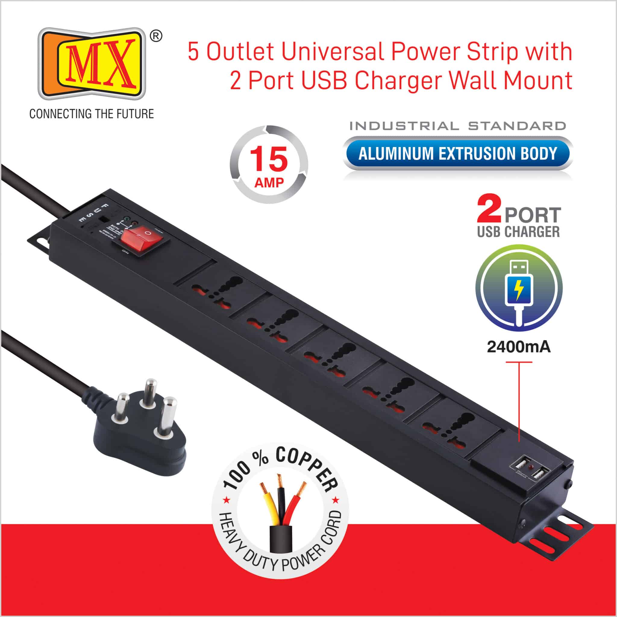MX 5-Outlet Power Distribution Unit with Universal Socket (16 Amp), 2 USB Ports (2.1A), Master Switch, Child Safety, and Industrial-Standard Design. Wall or desk mountable with a 1.5m heavy-duty cord for home appliances like electric cooktop & Stove - Image 2