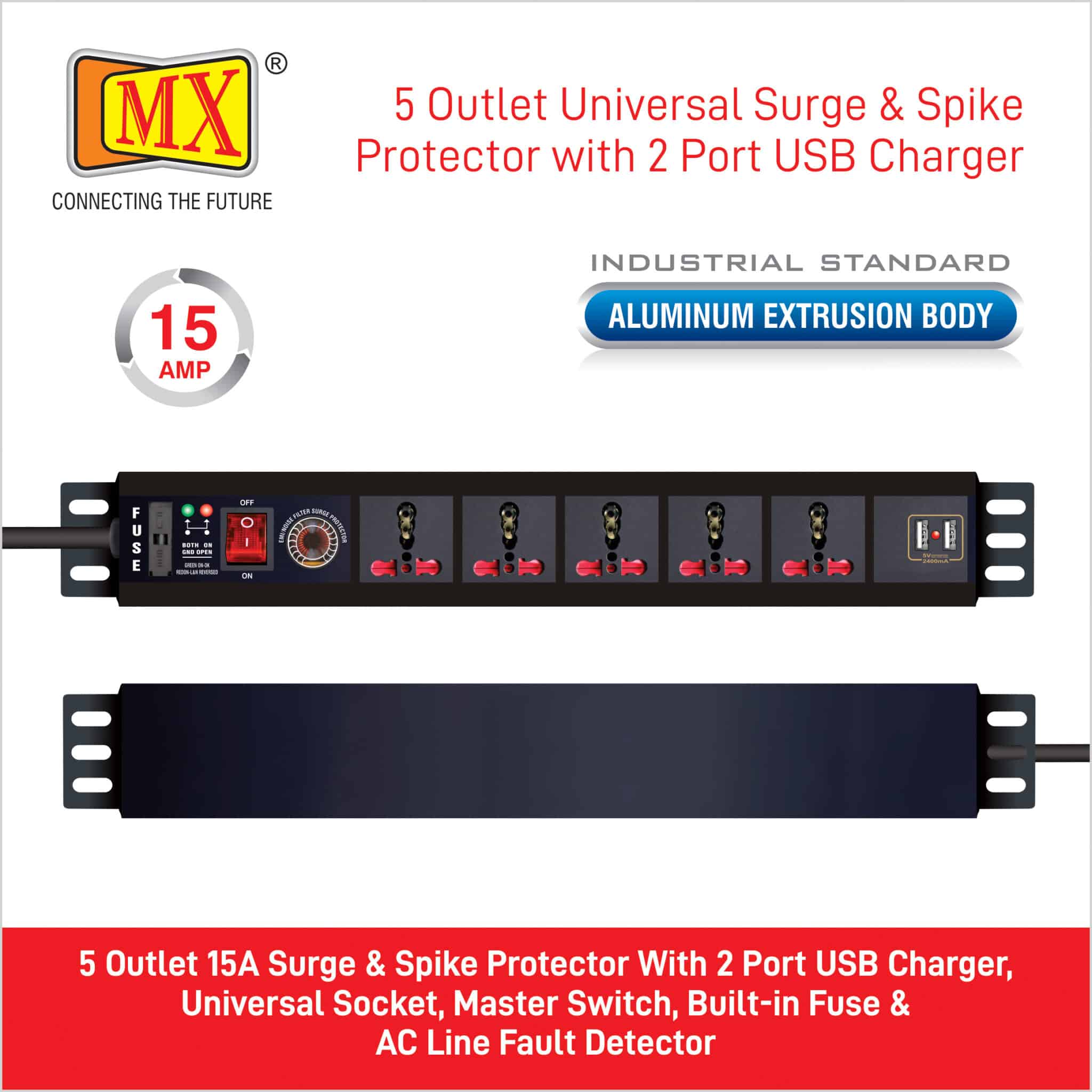 MX 5-Outlet Power Distribution Unit with Universal Sockets, Surge Protector (16A), Child Safety, Switch, and 2-Port USB Charger (2.1A), with 1.5m power cord for home appliances like electric cooktop & Stove - Image 3