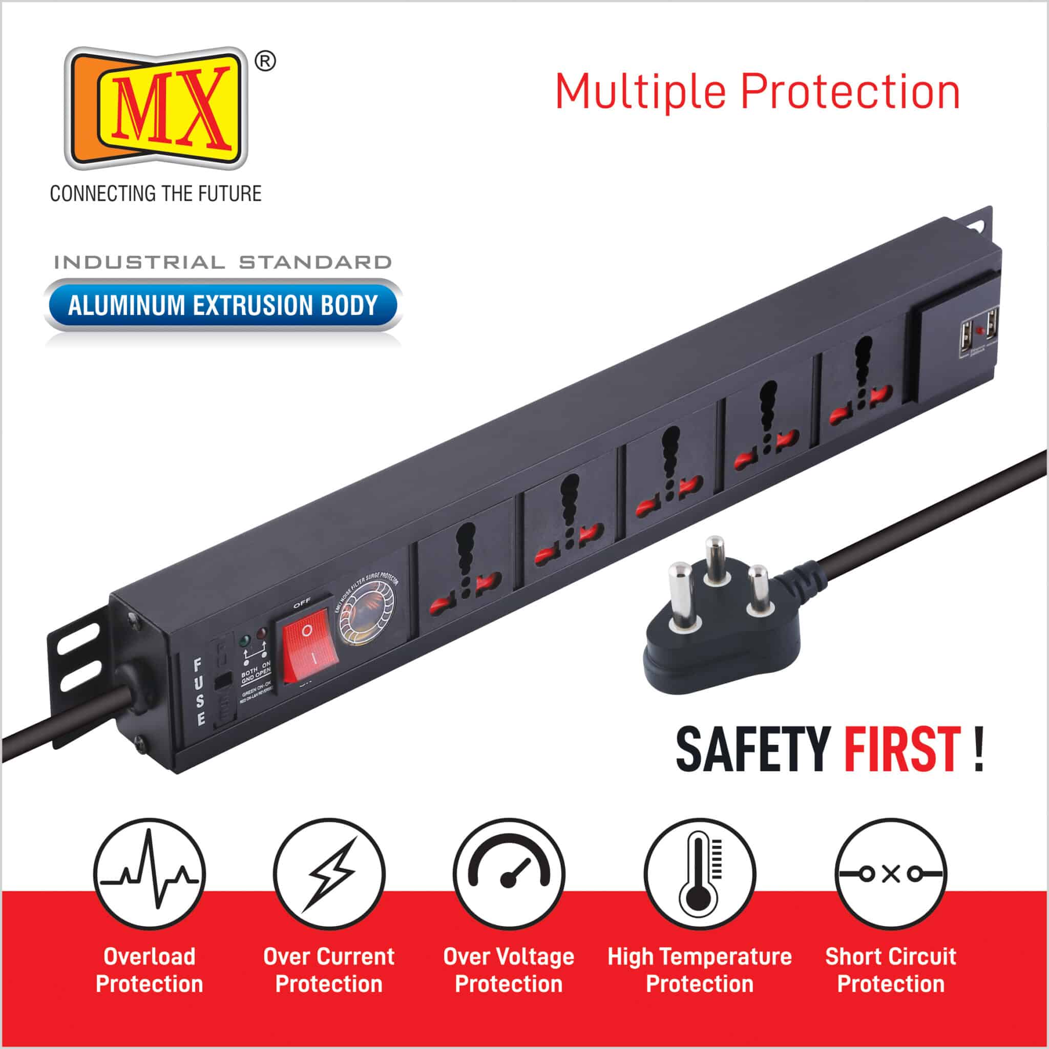 MX 5-Outlet Power Distribution Unit with Universal Sockets, Surge Protector (16A), Child Safety, Switch, and 2-Port USB Charger (2.1A), with 1.5m power cord for home appliances like electric cooktop & Stove - Image 5