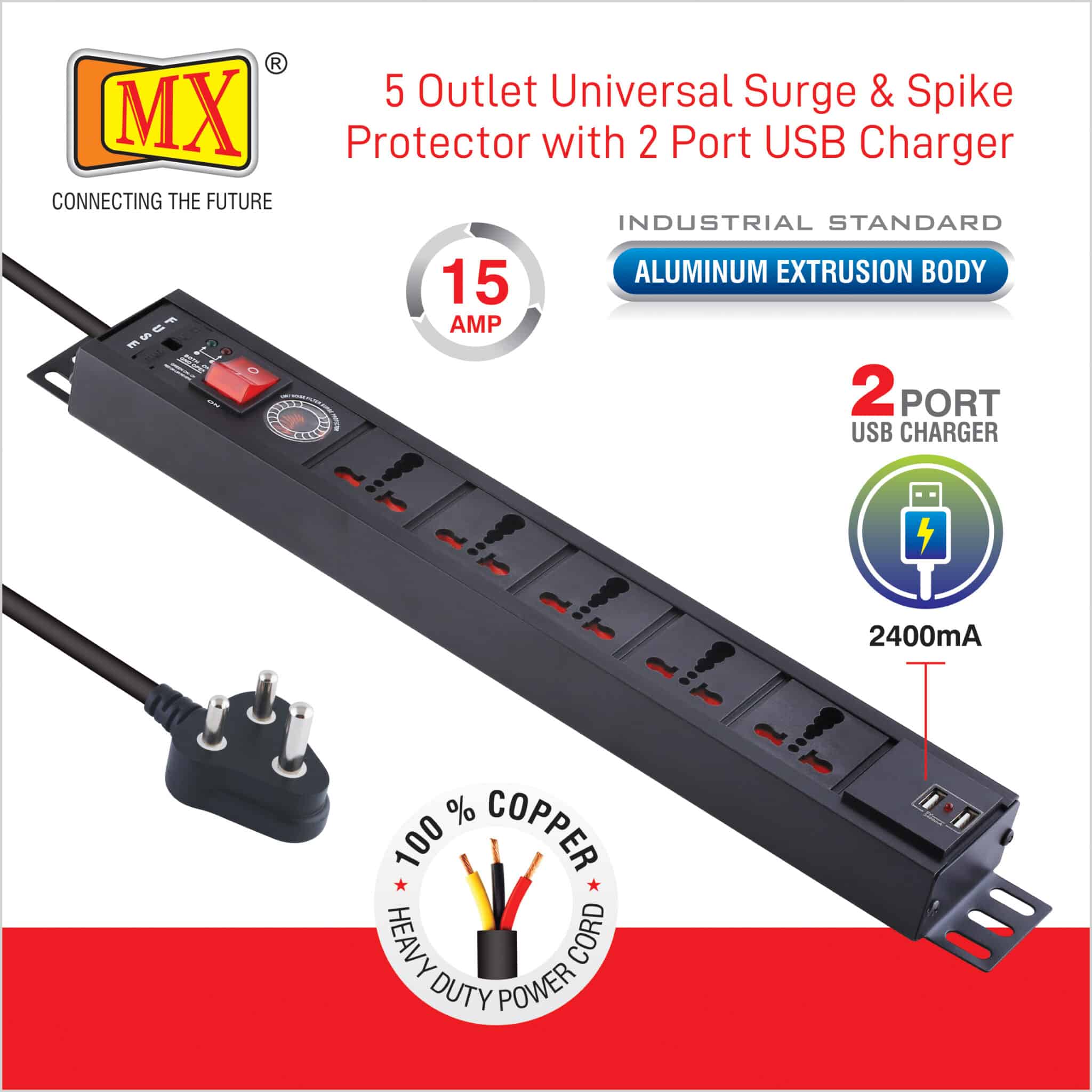 MX 5-Outlet Power Distribution Unit with Universal Sockets, Surge Protector (16A), Child Safety, Switch, and 2-Port USB Charger (2.1A), with 1.5m power cord for home appliances like electric cooktop & Stove - Image 4