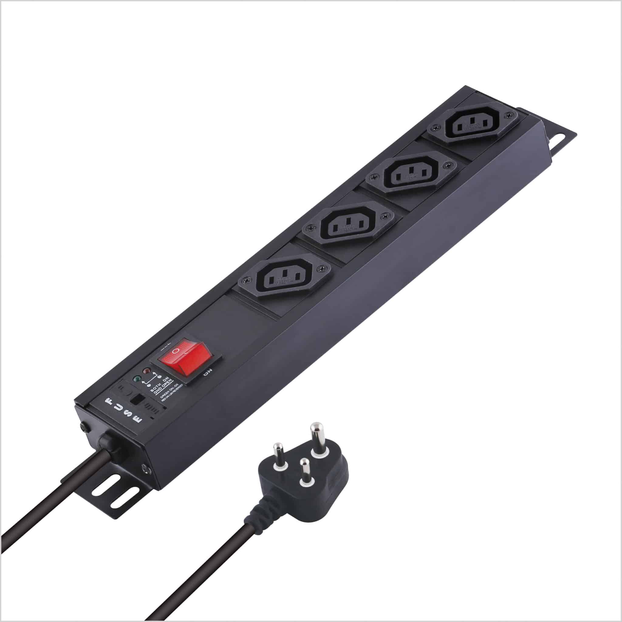 MX 4-Outlet Power Distribution Unit with IEC 320 C13, Master Switch, and Industrial-Standard Aluminum Body. Wall or desk mountable with a 1.5m heavy-duty cord.