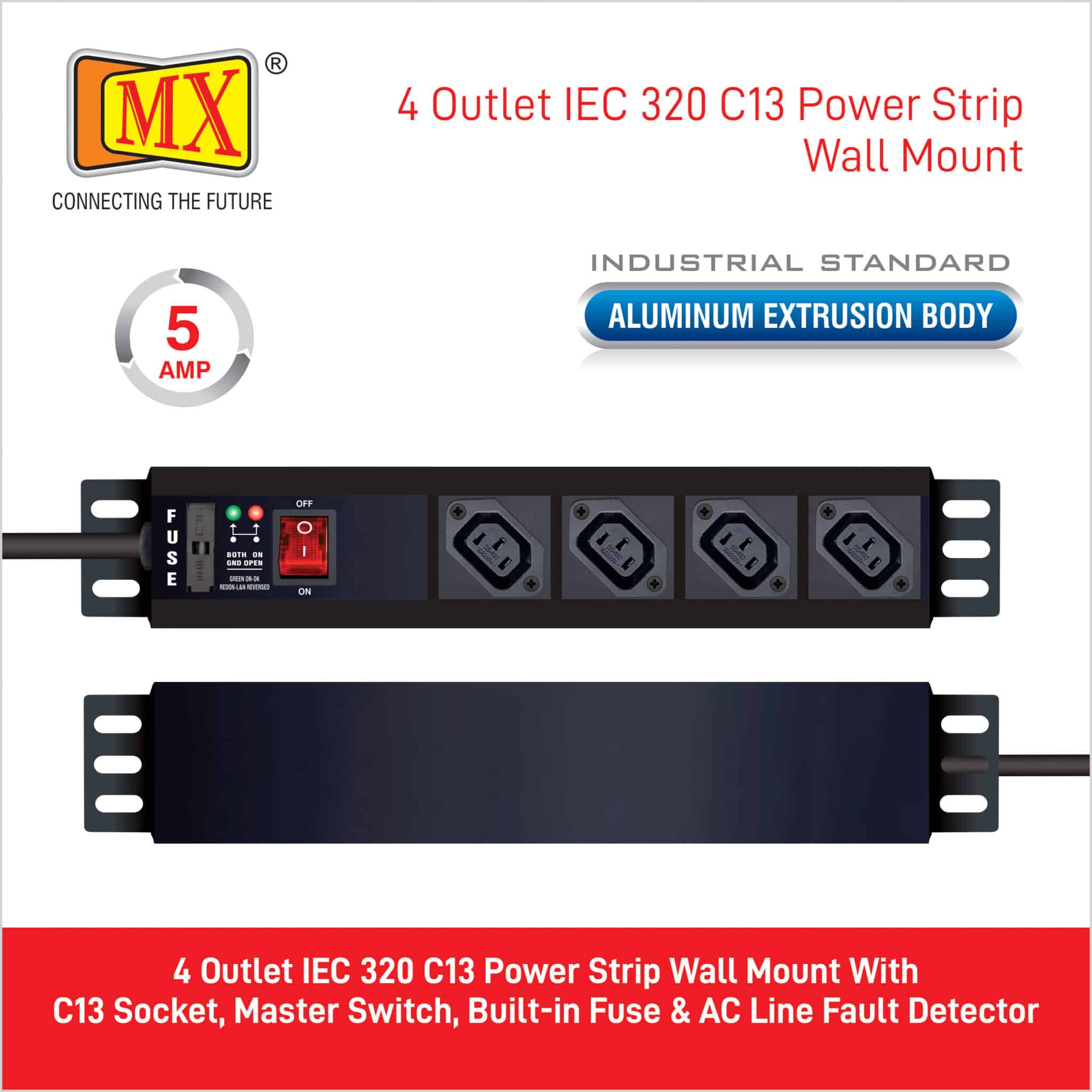 MX 4-Outlet Power Distribution Unit with IEC 320 C13, Master Switch, and Industrial-Standard Aluminum Body. Wall or desk mountable with a 1.5m heavy-duty cord for home appliances like electric cooktop & Stove - Image 3