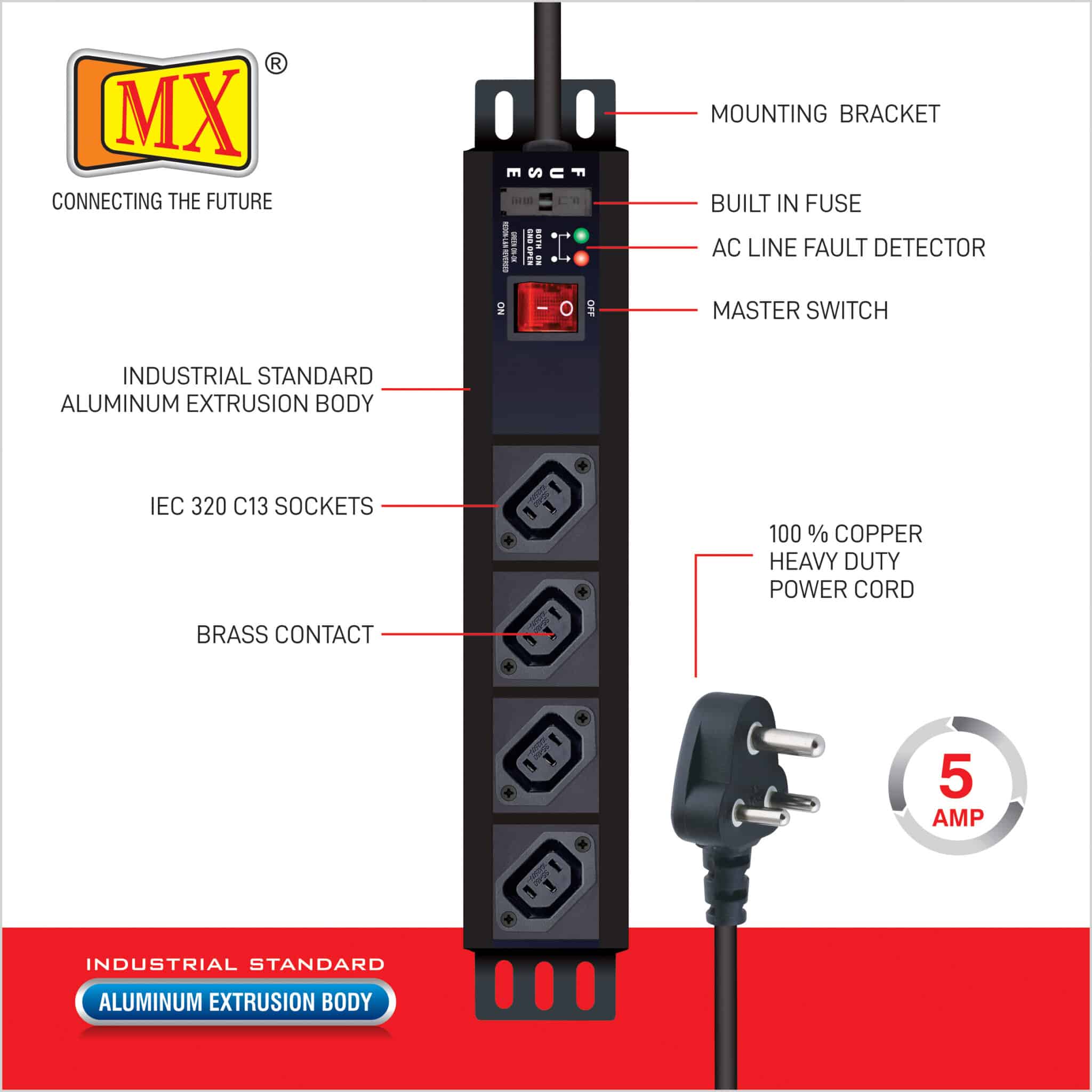 MX 4-Outlet Power Distribution Unit with IEC 320 C13, Master Switch, and Industrial-Standard Aluminum Body. Wall or desk mountable with a 1.5m heavy-duty cord for home appliances like electric cooktop & Stove - Image 2