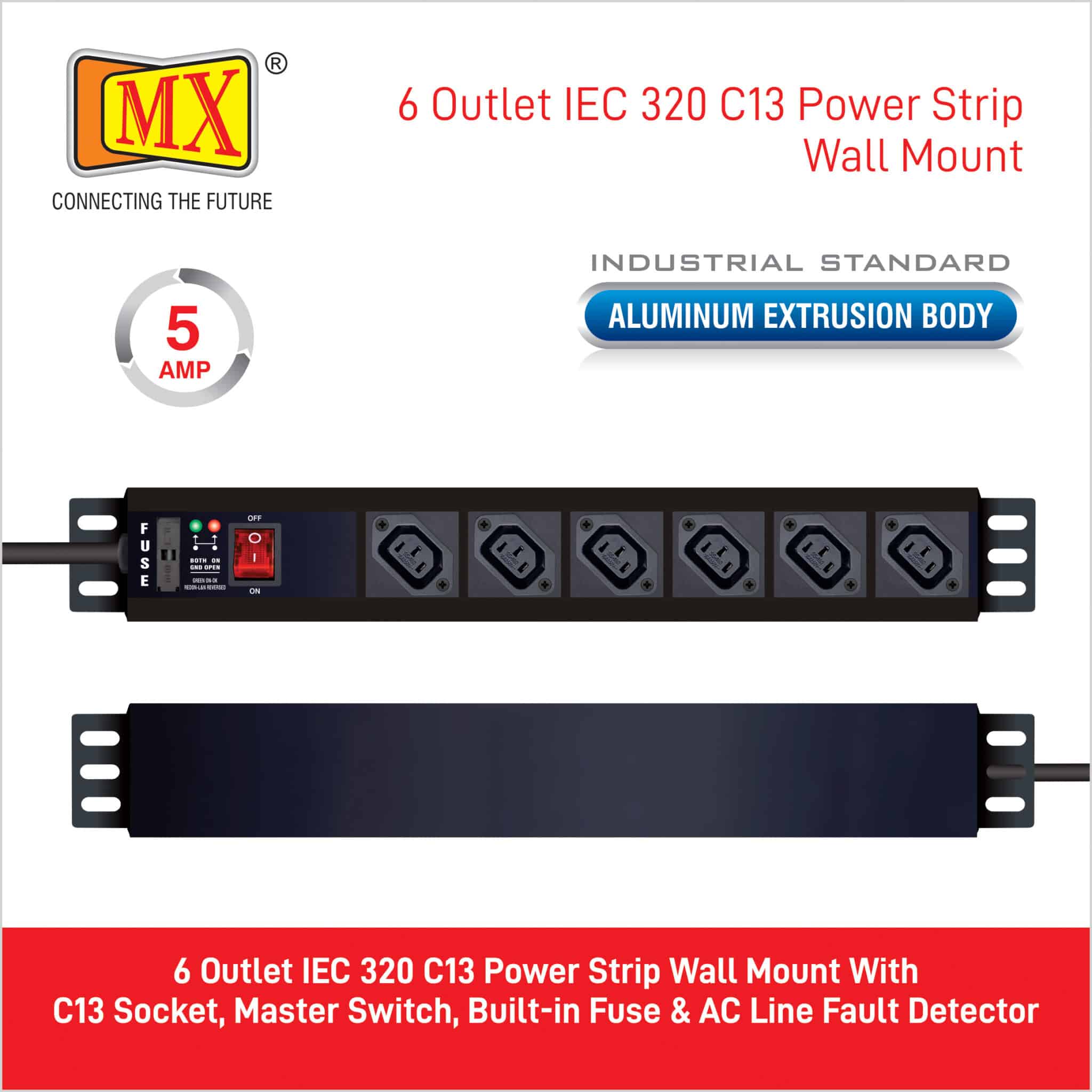 MX 6-Outlet Power Distribution Unit with IEC 320 C13, Master Switch, Industrial-Standard Aluminum Body. Wall or desk mountable with a 1.5m heavy-duty cord for home appliances like electric cooktop & Stove - Image 5