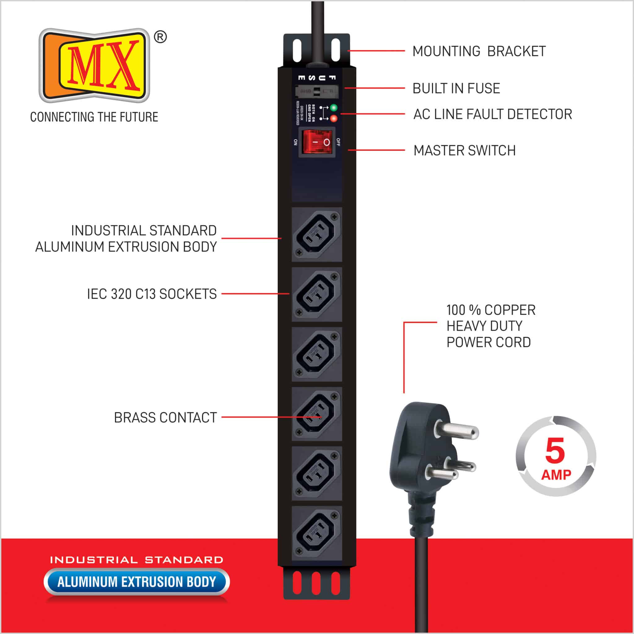MX 6-Outlet Power Distribution Unit with IEC 320 C13, Master Switch, Industrial-Standard Aluminum Body. Wall or desk mountable with a 1.5m heavy-duty cord for home appliances like electric cooktop & Stove - Image 4