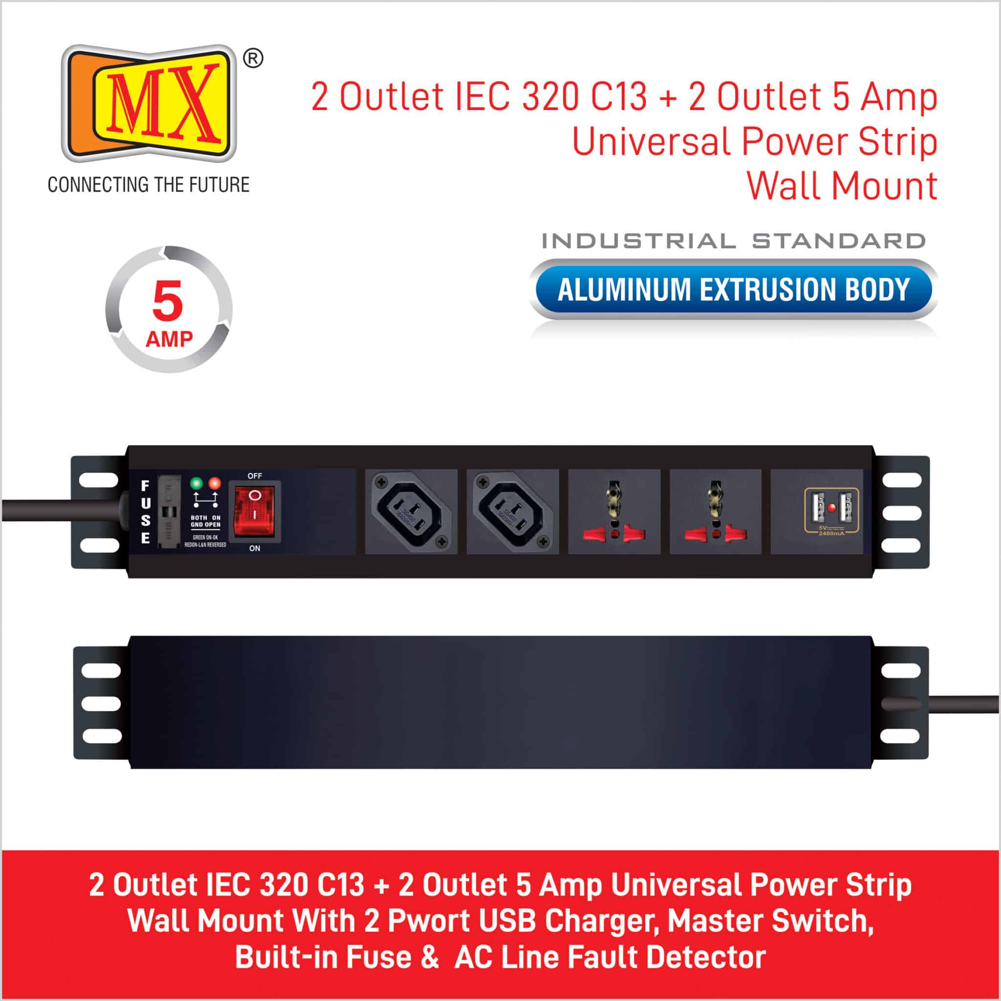 MX 2-Outlet Power Distribution Unit with IEC 320 C13, 2 Universal Sockets (6A), 2 USB Ports (2.1A), Child Safety Shutter, Master Switch, Industrial-Standard Aluminum Body. Wall or desk mountable with a 1.5m heavy-duty cord. - Image 3
