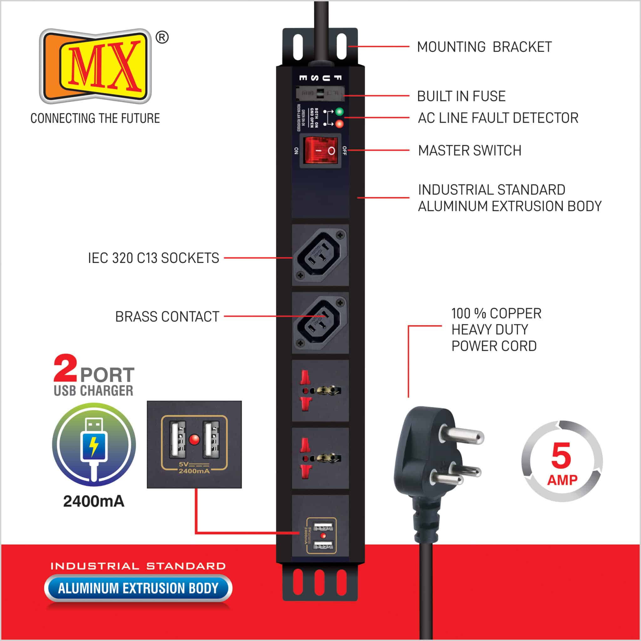 MX 2-Outlet Power Distribution Unit with IEC 320 C13, 2 Universal Sockets (6A), 2 USB Ports (2.1A), Child Safety Shutter, Master Switch, Industrial-Standard Aluminum Body. Wall or desk mountable with a 1.5m heavy-duty cord. - Image 2