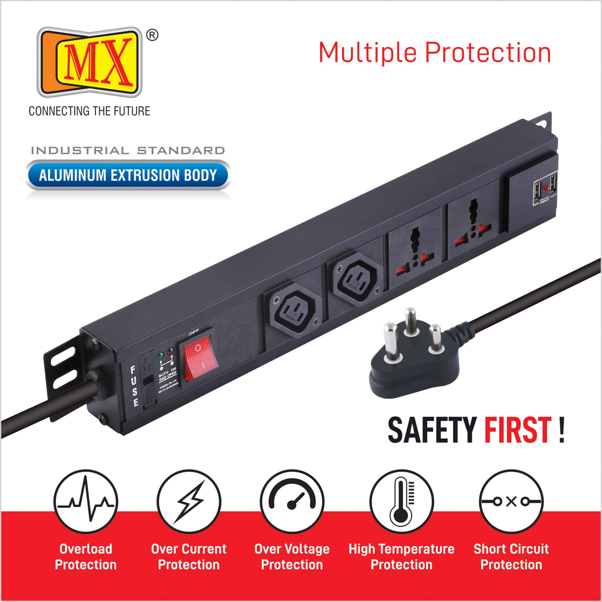 MX 2-Outlet Power Distribution Unit with IEC 320 C13, 2 Universal Sockets (6A), 2 USB Ports (2.1A), Child Safety Shutter, Master Switch, Industrial-Standard Aluminum Body. Wall or desk mountable with a 1.5m heavy-duty cord. - Image 5