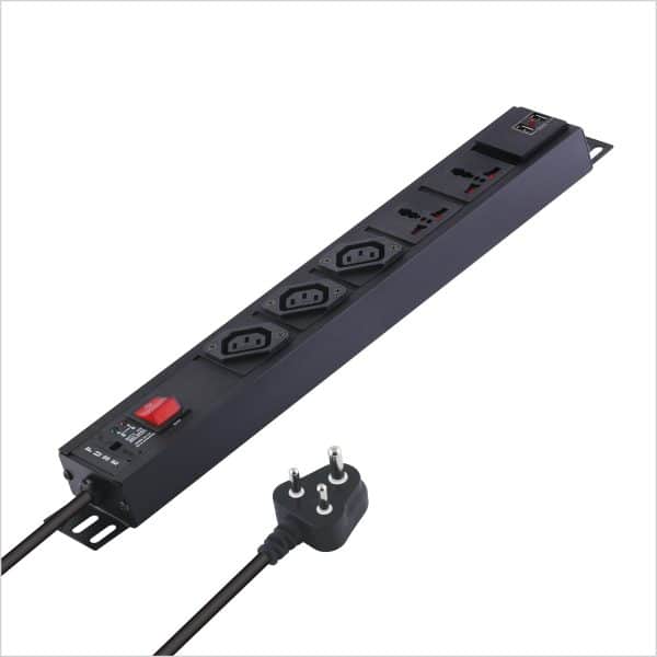 MX 3-Outlet Power Distribution Unit with IEC 320 C13, 2 Universal Sockets (6A), 2 USB Ports (2.1A), Child Safety Shutter, Master Switch, Industrial-Standard Aluminum Body. Wall or desk mountable with a 1.5m heavy-duty cord.