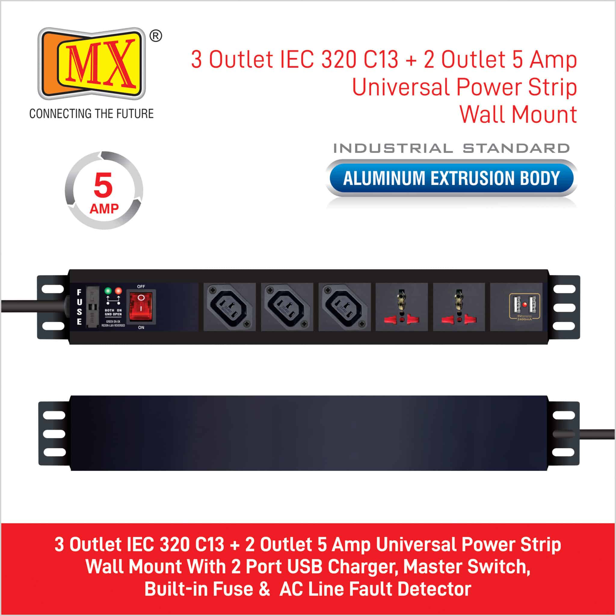 MX 3-Outlet Power Distribution Unit with IEC 320 C13, 2 Universal Sockets (6A), 2 USB Ports (2.1A), Child Safety Shutter, Master Switch, Industrial-Standard Aluminum Body. Wall or desk mountable with a 1.5m heavy-duty cord for home appliances like electric cooktop & Stove - Image 3