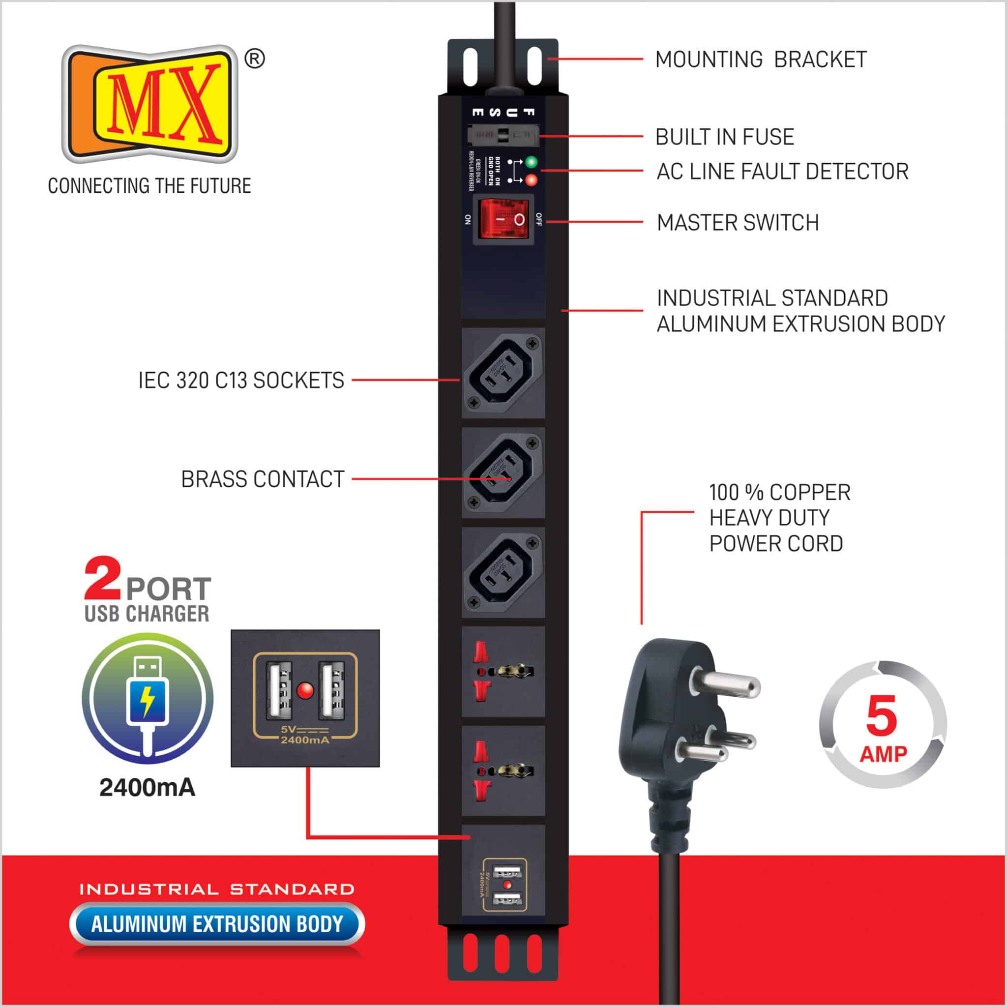 MX 3-Outlet Power Distribution Unit with IEC 320 C13, 2 Universal Sockets (6A), 2 USB Ports (2.1A), Child Safety Shutter, Master Switch, Industrial-Standard Aluminum Body. Wall or desk mountable with a 1.5m heavy-duty cord for home appliances like electric cooktop & Stove - Image 2