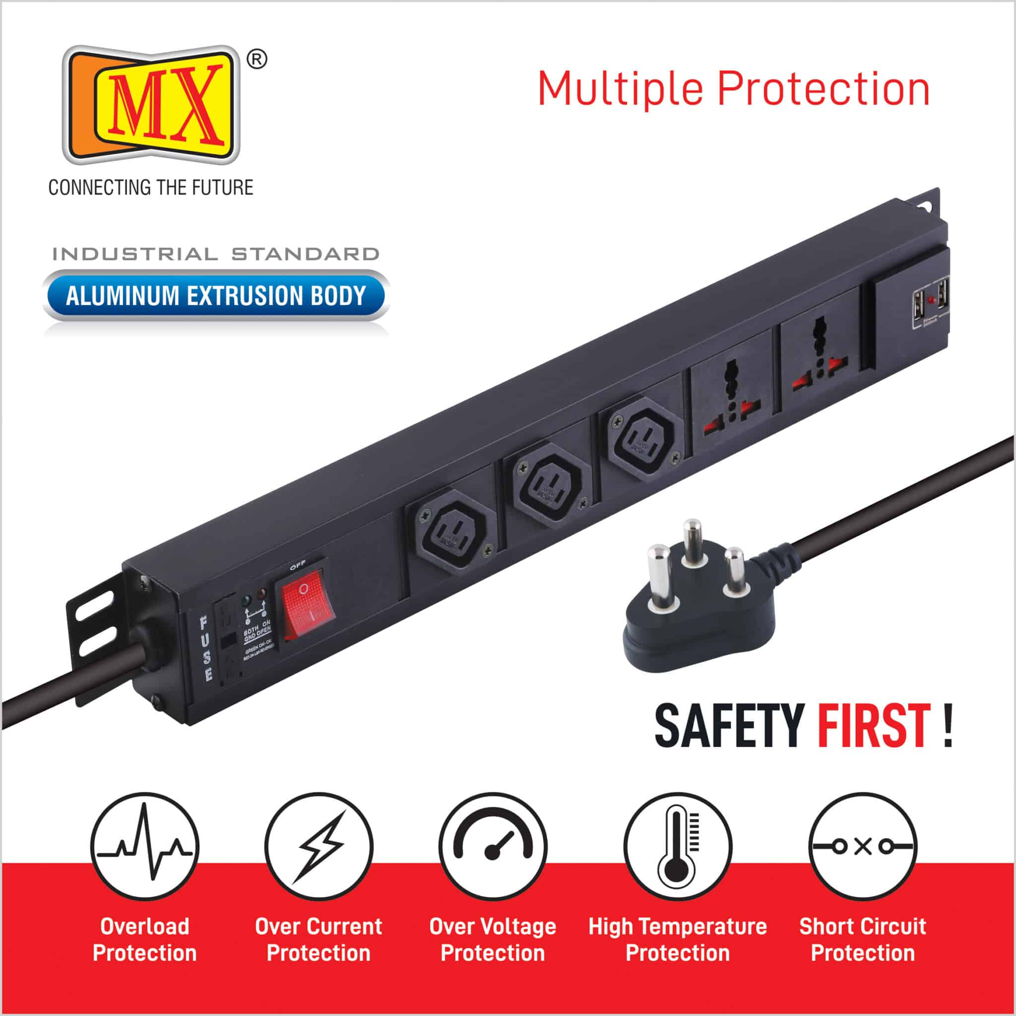 MX 3-Outlet Power Distribution Unit with IEC 320 C13, 2 Universal Sockets (6A), 2 USB Ports (2.1A), Child Safety Shutter, Master Switch, Industrial-Standard Aluminum Body. Wall or desk mountable with a 1.5m heavy-duty cord for home appliances like electric cooktop & Stove - Image 5