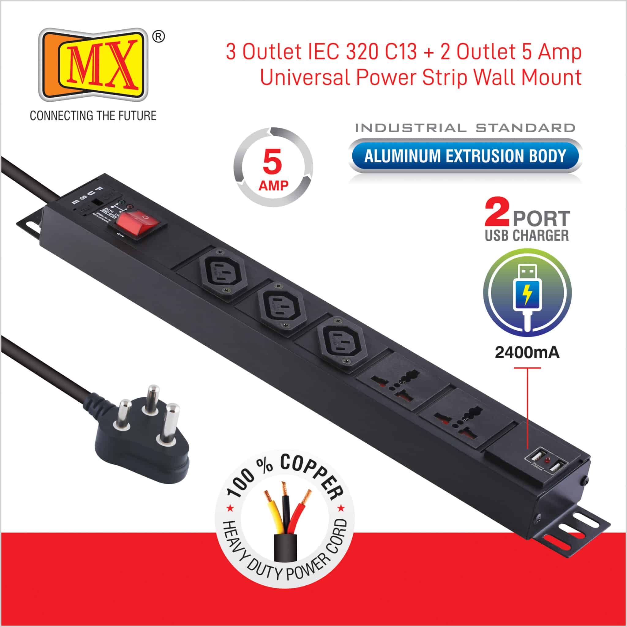 MX 3-Outlet Power Distribution Unit with IEC 320 C13, 2 Universal Sockets (6A), 2 USB Ports (2.1A), Child Safety Shutter, Master Switch, Industrial-Standard Aluminum Body. Wall or desk mountable with a 1.5m heavy-duty cord for home appliances like electric cooktop & Stove - Image 4