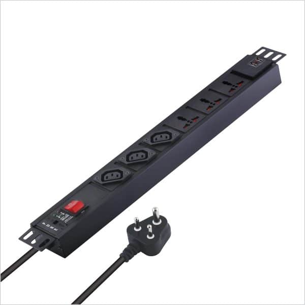 MX 3-Outlet Power Distribution Unit with IEC 320 C13, 3 Universal Sockets (6A), 2 USB Ports (2.1A), Child Safety Shutter, Master Switch, Industrial-Standard Aluminum Body. Wall or desk mountable with a 1.5m heavy-duty cord.
