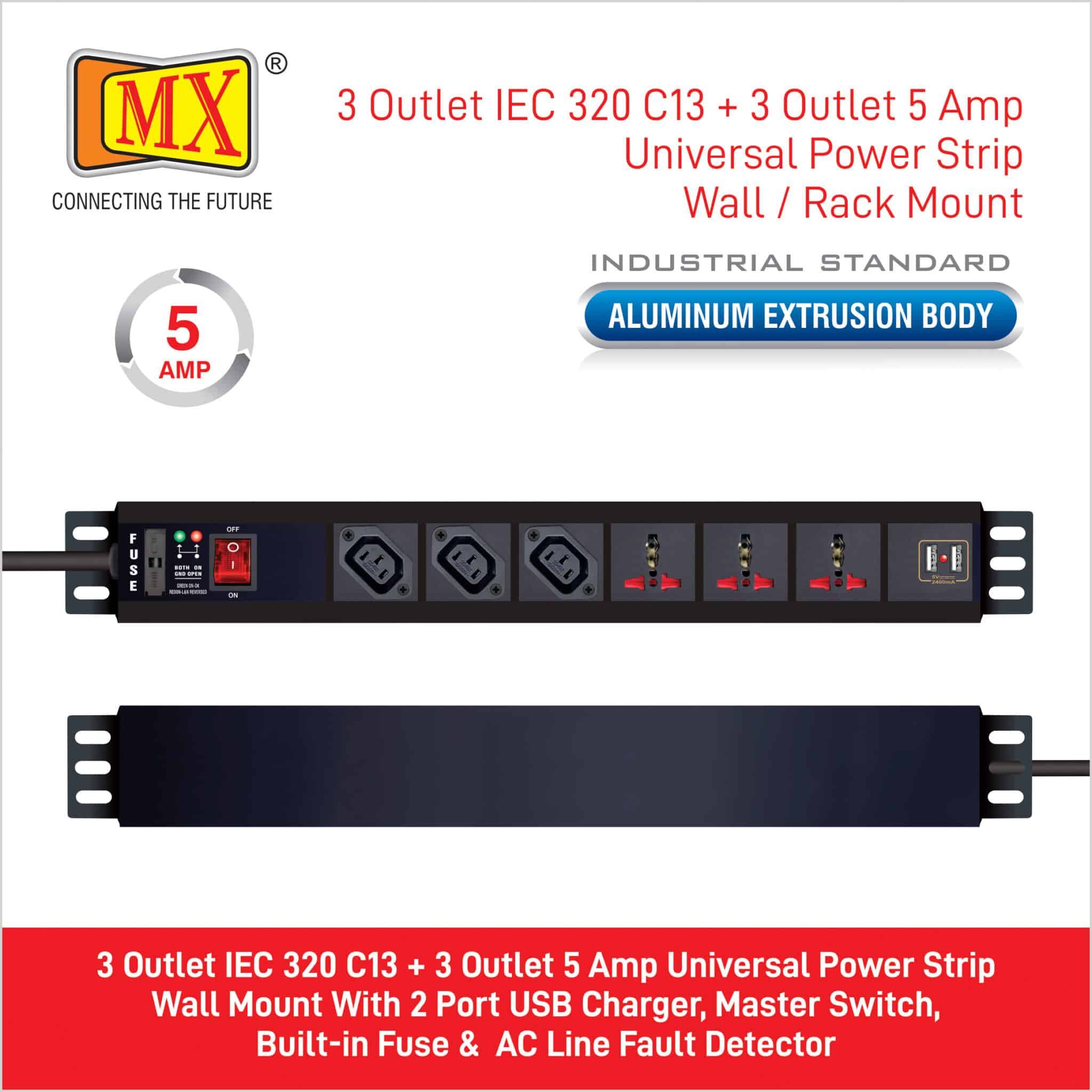MX 3-Outlet Power Distribution Unit with IEC 320 C13, 3 Universal Sockets (6A), 2 USB Ports (2.1A), Child Safety Shutter, Master Switch, Industrial-Standard Aluminum Body. Wall or desk mountable with a 1.5m heavy-duty cord for home appliances like electric cooktop & Stove - Image 3