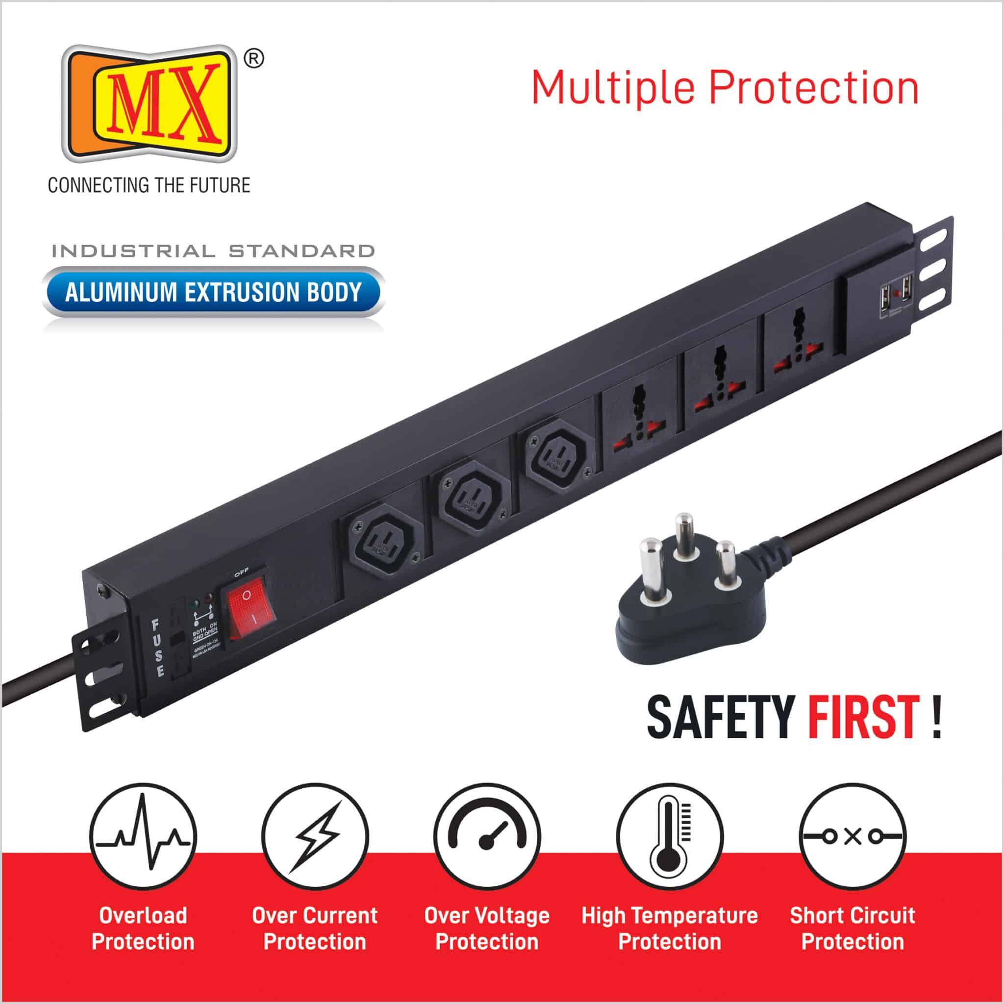 MX 3-Outlet Power Distribution Unit with IEC 320 C13, 3 Universal Sockets (6A), 2 USB Ports (2.1A), Child Safety Shutter, Master Switch, Industrial-Standard Aluminum Body. Wall or desk mountable with a 1.5m heavy-duty cord for home appliances like electric cooktop & Stove - Image 5