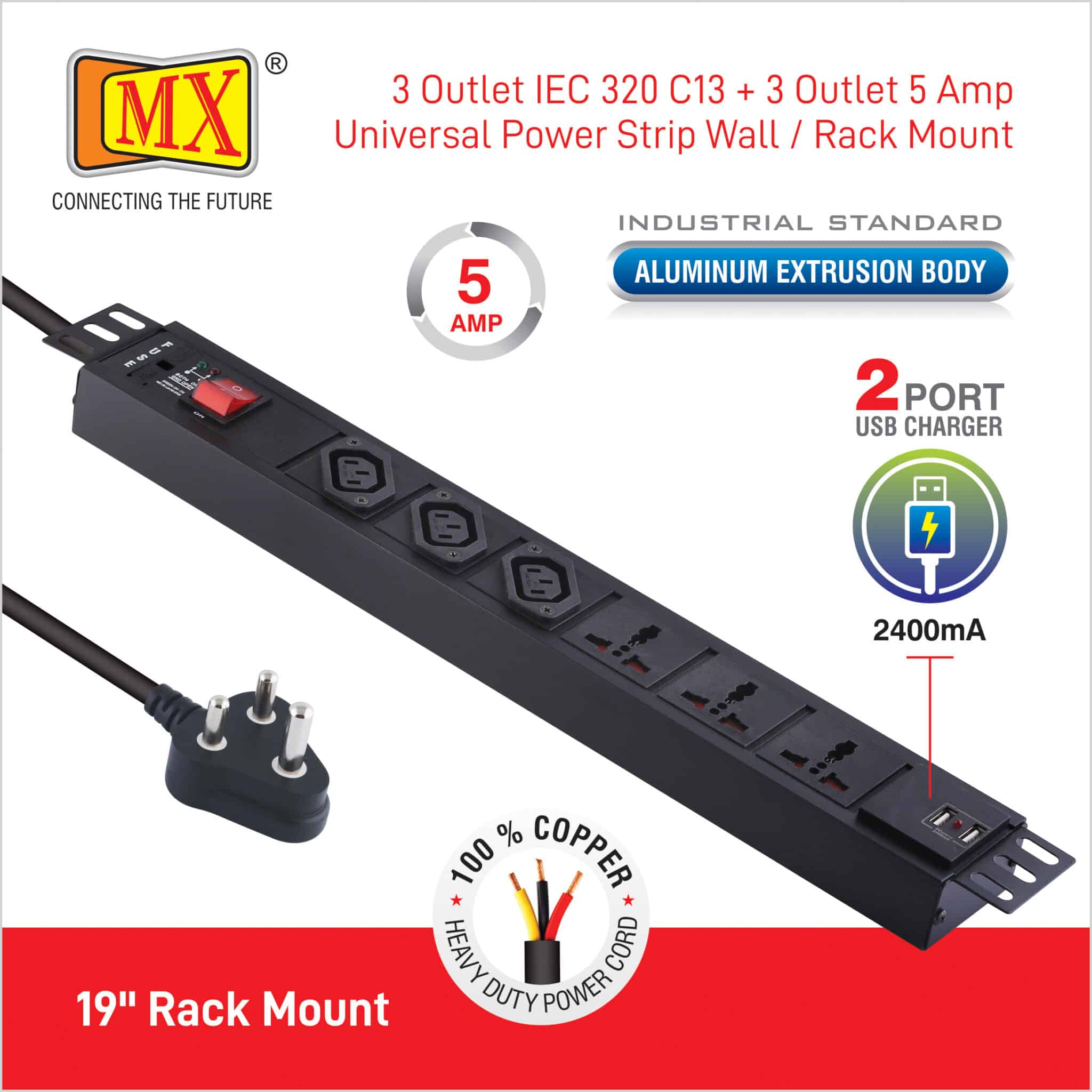 MX 3-Outlet Power Distribution Unit with IEC 320 C13, 3 Universal Sockets (6A), 2 USB Ports (2.1A), Child Safety Shutter, Master Switch, Industrial-Standard Aluminum Body. Wall or desk mountable with a 1.5m heavy-duty cord for home appliances like electric cooktop & Stove - Image 4