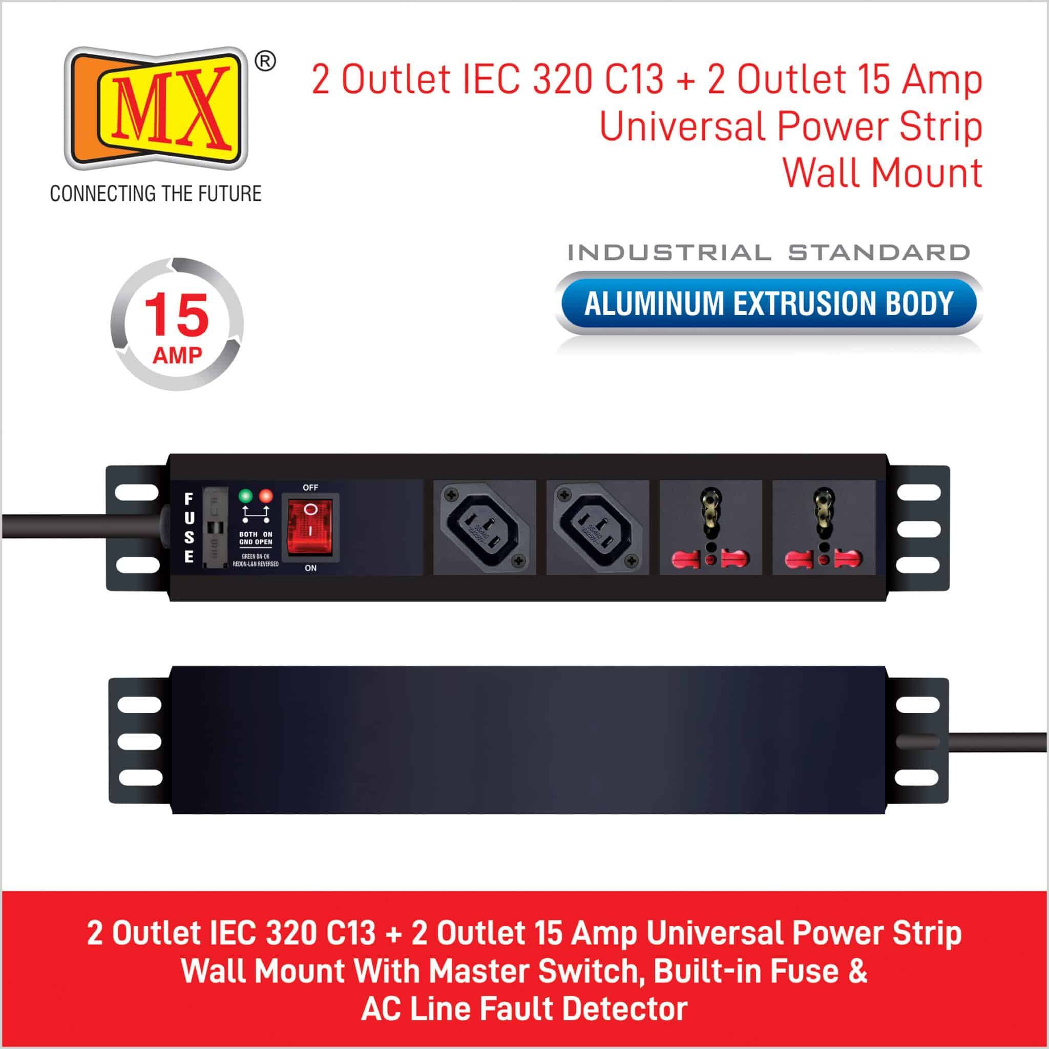MX 2-Outlet Power Distribution Unit with IEC 320 C13, 2 Universal Sockets (16A), Child Safety Shutter, Master Switch, Industrial-Standard Aluminum Body. Wall or desk mountable with a 1.5m heavy-duty cord for home appliances like electric cooktop & Stove - Image 4