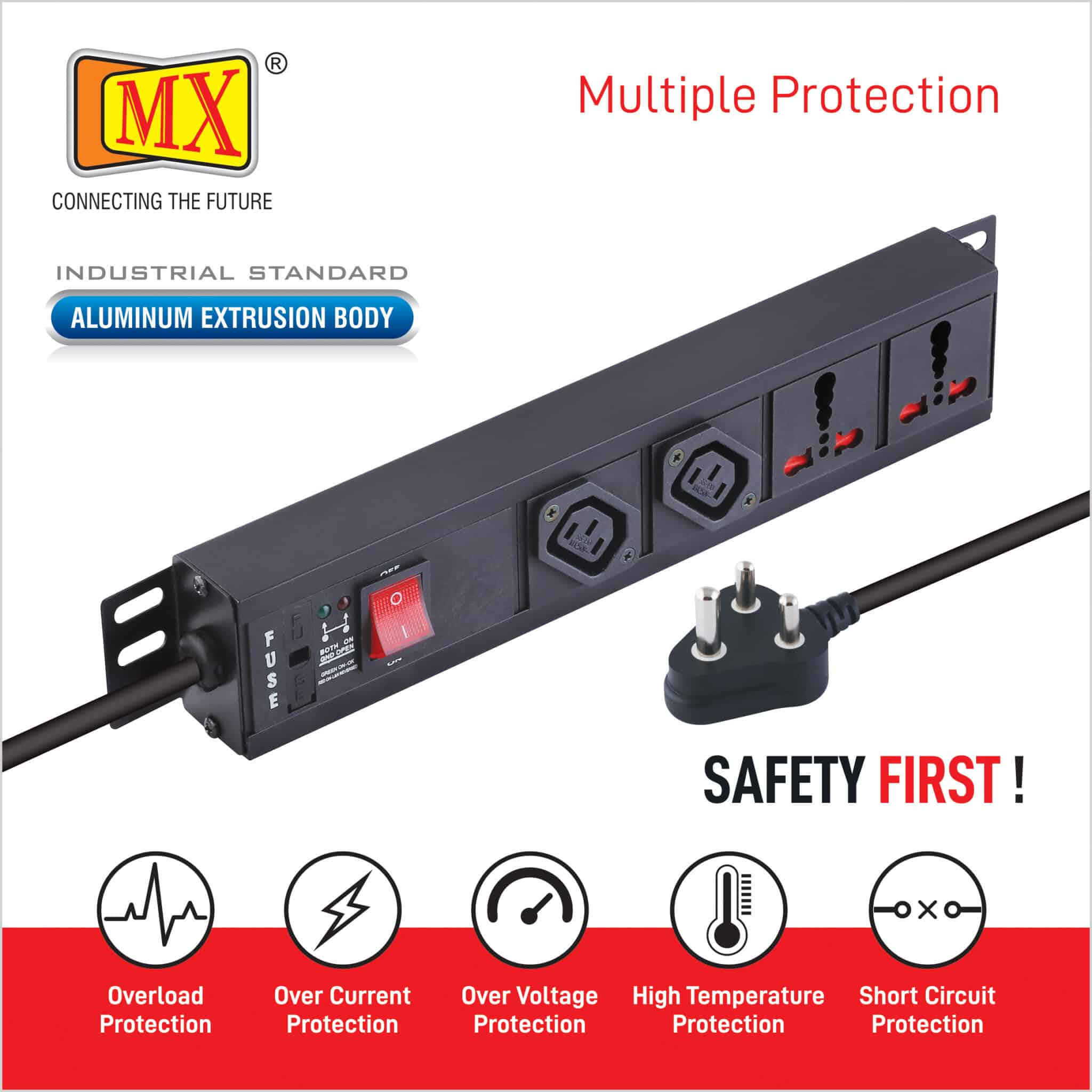 MX 2-Outlet Power Distribution Unit with IEC 320 C13, 2 Universal Sockets (16A), Child Safety Shutter, Master Switch, Industrial-Standard Aluminum Body. Wall or desk mountable with a 1.5m heavy-duty cord for home appliances like electric cooktop & Stove - Image 5