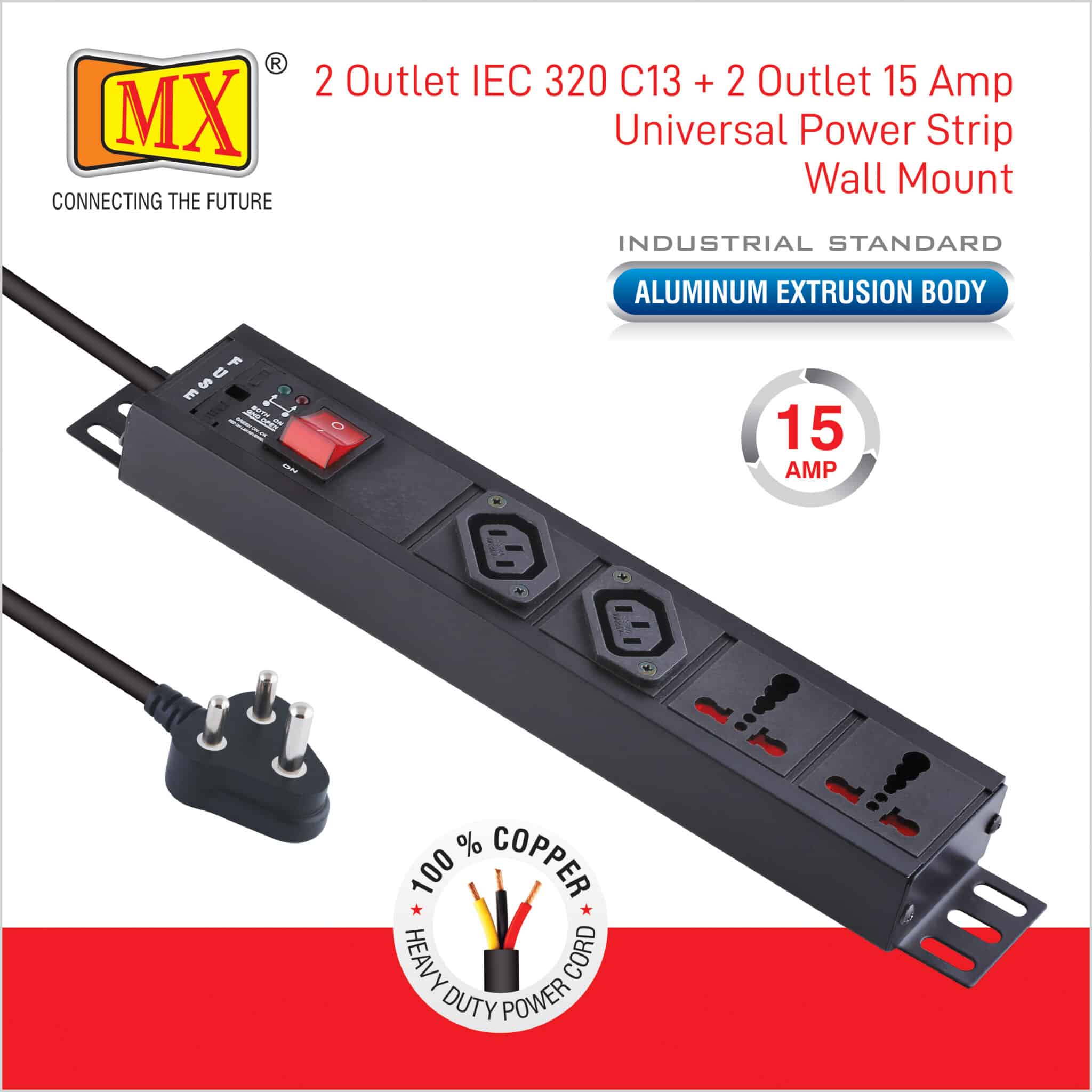 MX 2-Outlet Power Distribution Unit with IEC 320 C13, 2 Universal Sockets (16A), Child Safety Shutter, Master Switch, Industrial-Standard Aluminum Body. Wall or desk mountable with a 1.5m heavy-duty cord for home appliances like electric cooktop & Stove - Image 3