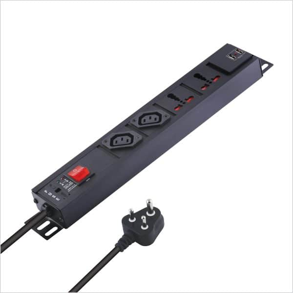 MX 2-Outlet Power Distribution Unit with IEC 320 C13, 2 Universal Sockets (16A), 2 USB Ports (2.1A), Child Safety Shutter, Master Switch, Industrial-Standard Aluminum Body. Wall or desk mountable with a 1.5m heavy-duty cord.