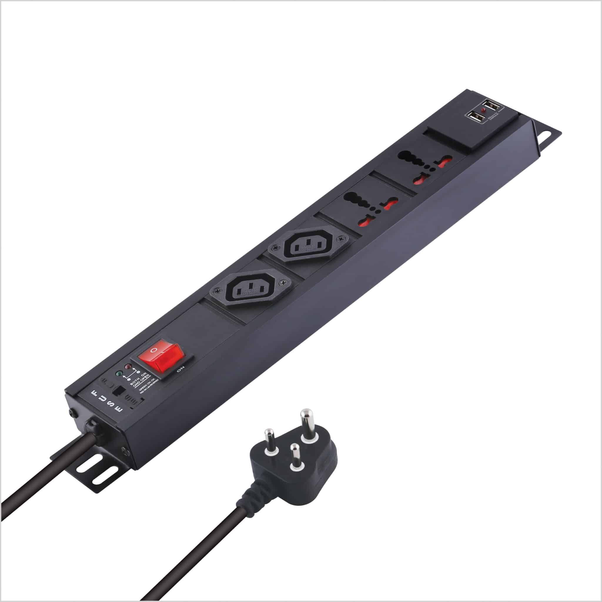 MX 2-Outlet Power Distribution Unit with IEC 320 C13, 2 Universal Sockets (16A), 2 USB Ports (2.1A), Child Safety Shutter, Master Switch, Industrial-Standard Aluminum Body. Wall or desk mountable with a 1.5m heavy-duty cord.