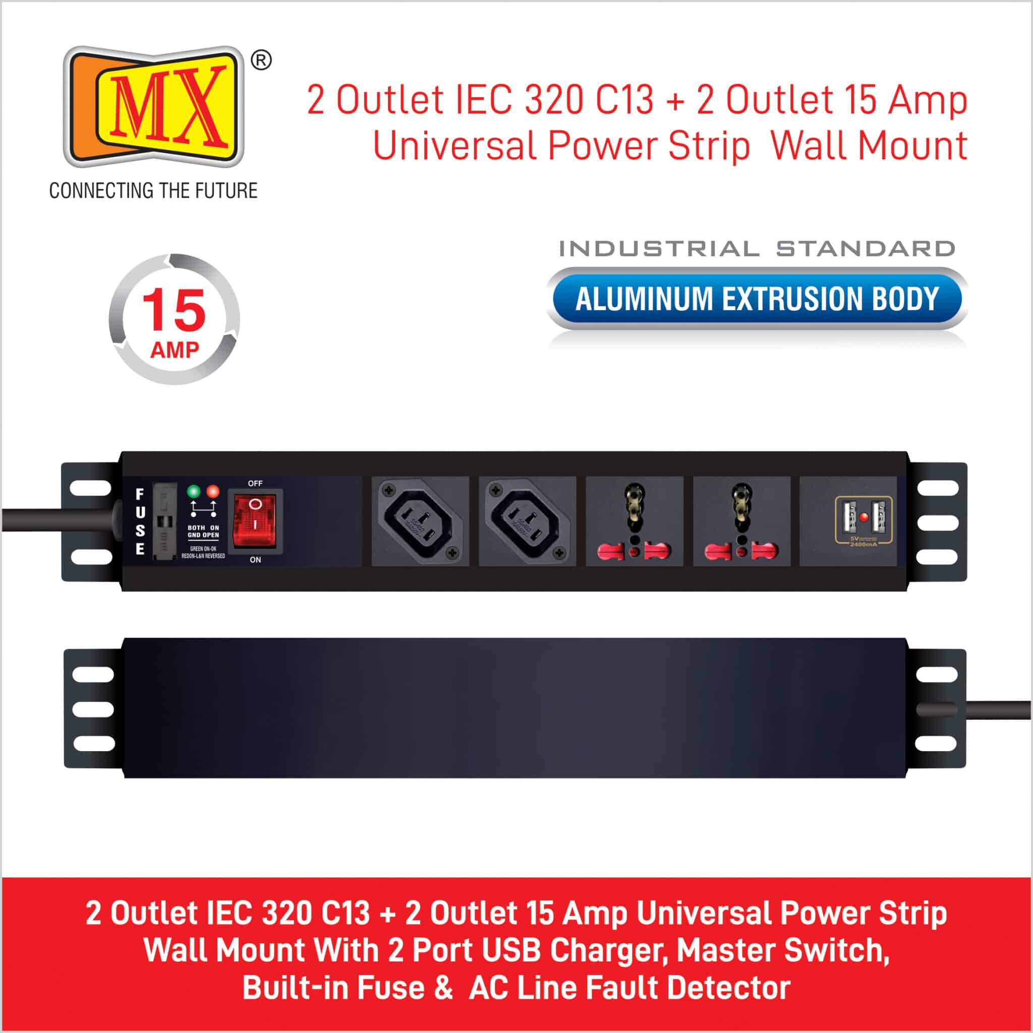 MX 2-Outlet Power Distribution Unit with IEC 320 C13, 2 Universal Sockets (16A), 2 USB Ports (2.1A), Child Safety Shutter, Master Switch, Industrial-Standard Aluminum Body. Wall or desk mountable with a 1.5m heavy-duty cord for home appliances like electric cooktop & Stove - Image 3