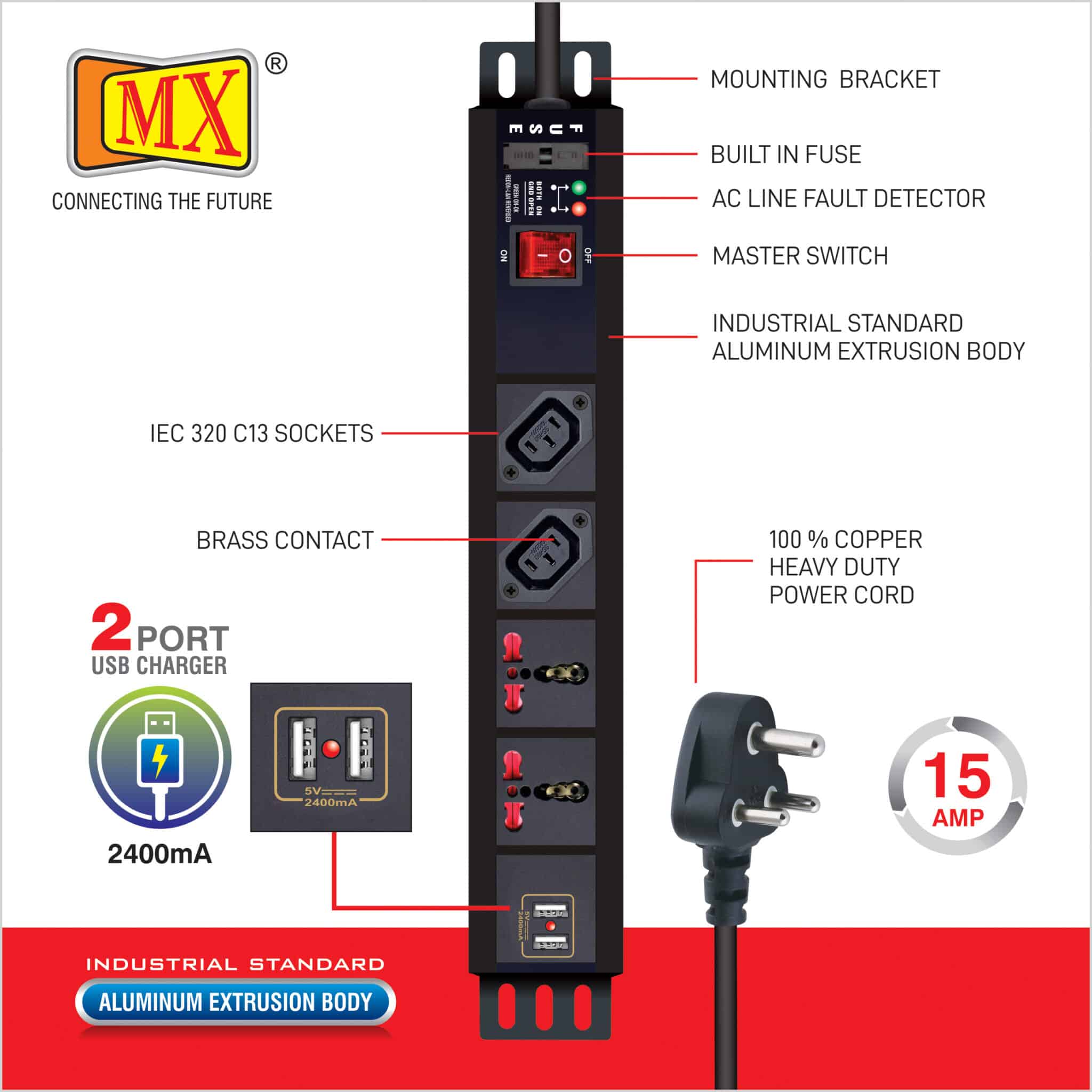 MX 2-Outlet Power Distribution Unit with IEC 320 C13, 2 Universal Sockets (16A), 2 USB Ports (2.1A), Child Safety Shutter, Master Switch, Industrial-Standard Aluminum Body. Wall or desk mountable with a 1.5m heavy-duty cord for home appliances like electric cooktop & Stove - Image 2