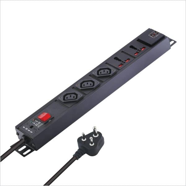 MX 3-Outlet Power Distribution Unit with IEC 320 C13, 2 Universal Sockets (16A), 2 USB Ports (2.1A), Child Safety Shutter, Master Switch, Aluminum Body. Wall or desk mountable with a 1.5m power cord.
