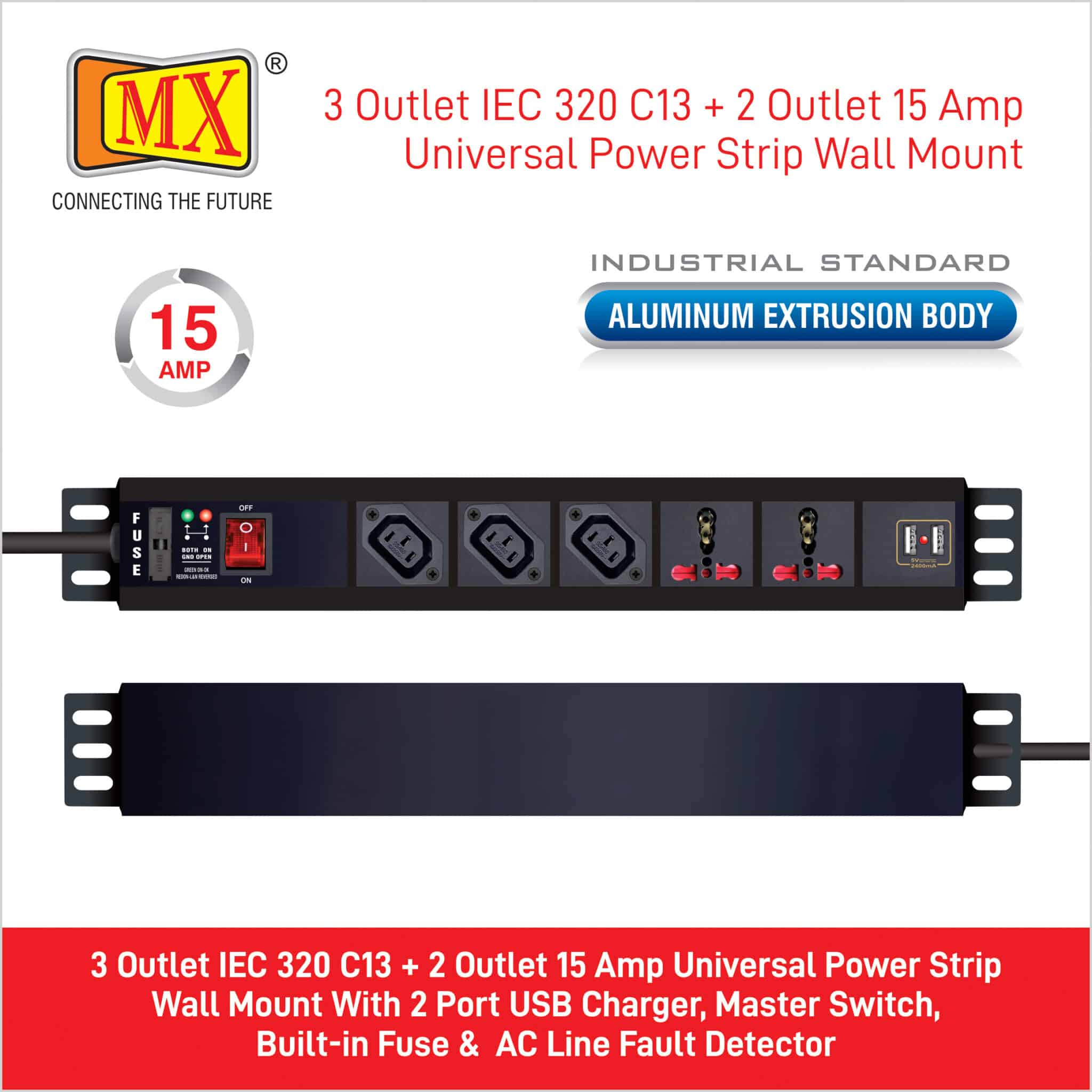 MX 3-Outlet Power Distribution Unit with IEC 320 C13, 2 Universal Sockets (16A), 2 USB Ports (2.1A), Child Safety Shutter, Master Switch, Aluminum Body. Wall or desk mountable with a 1.5m power cord for home appliances like electric cooktop & Stove - Image 3