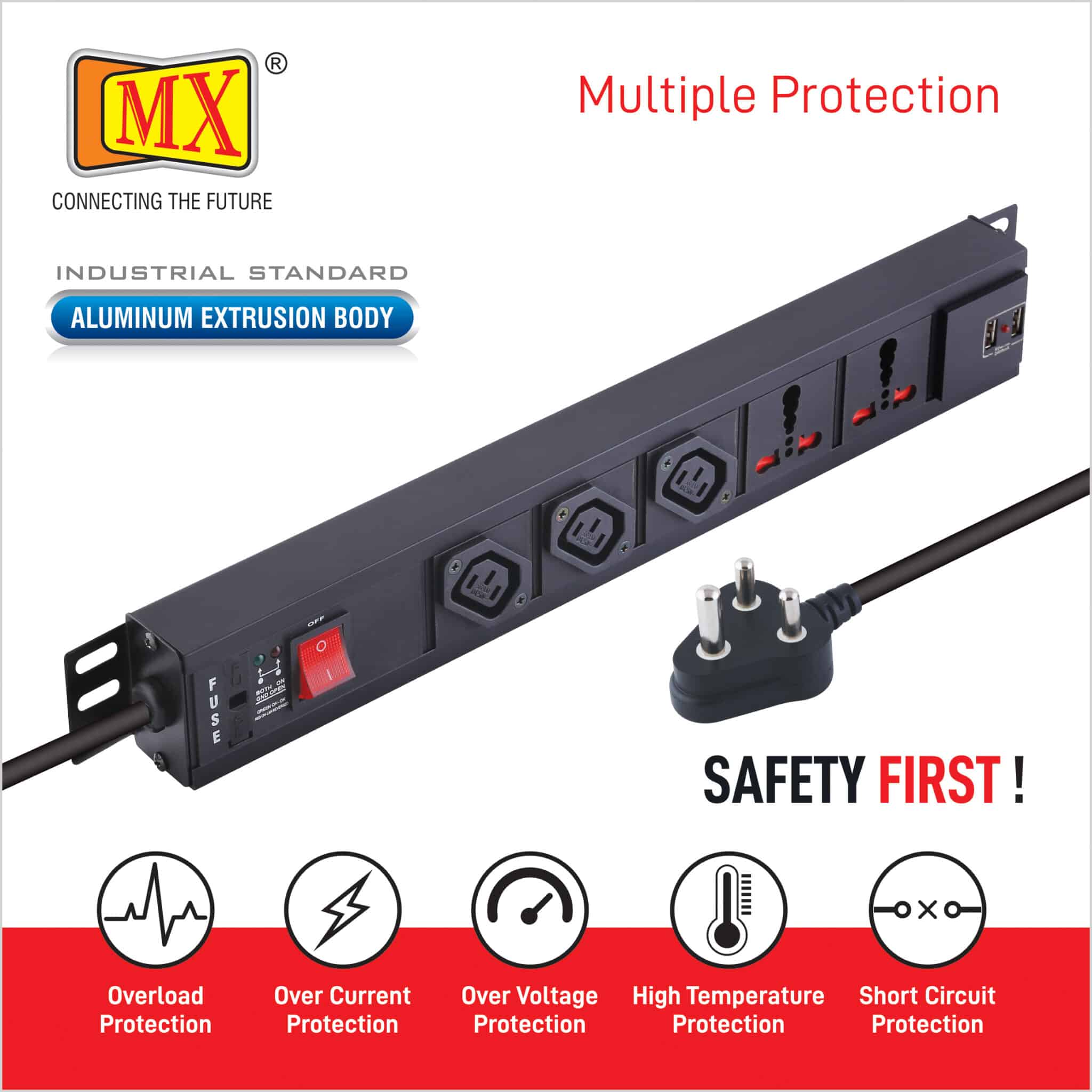 MX 3-Outlet Power Distribution Unit with IEC 320 C13, 2 Universal Sockets (16A), 2 USB Ports (2.1A), Child Safety Shutter, Master Switch, Aluminum Body. Wall or desk mountable with a 1.5m power cord for home appliances like electric cooktop & Stove - Image 5