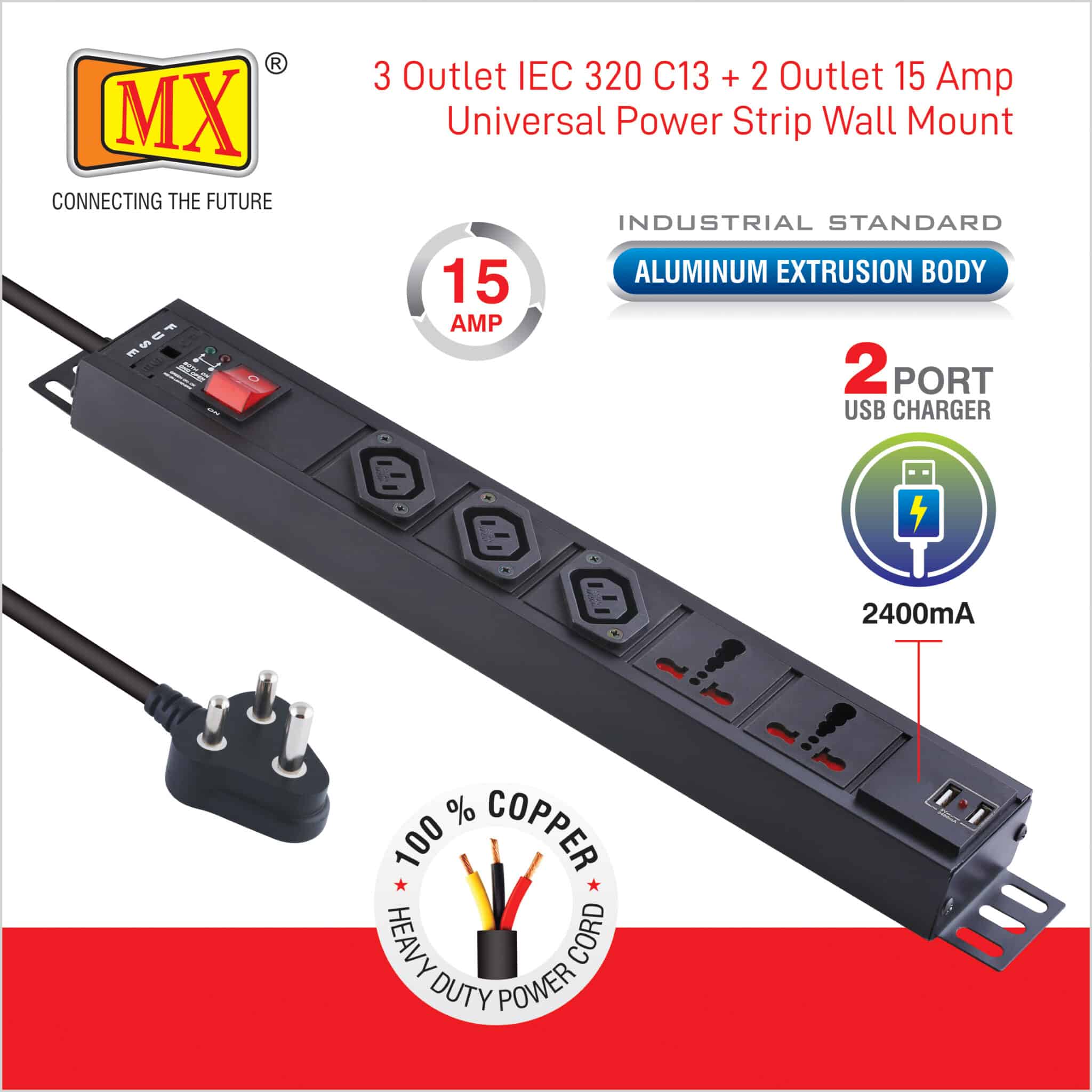 MX 3-Outlet Power Distribution Unit with IEC 320 C13, 2 Universal Sockets (16A), 2 USB Ports (2.1A), Child Safety Shutter, Master Switch, Aluminum Body. Wall or desk mountable with a 1.5m power cord for home appliances like electric cooktop & Stove - Image 4