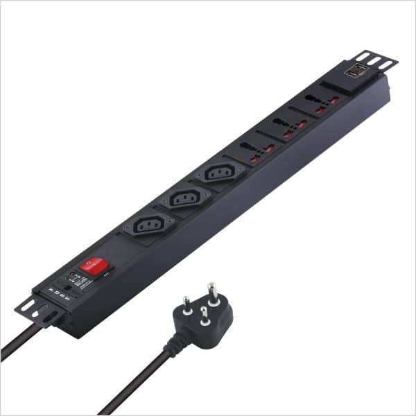 MX 3-Outlet Power Distribution Unit with IEC 320 C13, 3 Universal Sockets (16A), 2 USB Ports (2.1A), Child Safety Shutter, Master Switch, Aluminum Body. Wall or desk mountable with a 1.5m power cord.