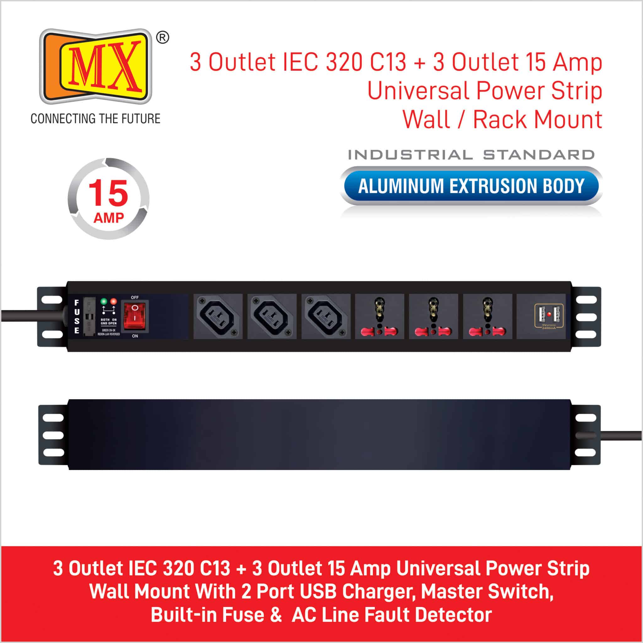 MX 3-Outlet Power Distribution Unit with IEC 320 C13, 3 Universal Sockets (16A), 2 USB Ports (2.1A), Child Safety Shutter, Master Switch, Aluminum Body. Wall or desk mountable with a 1.5m power cord for home appliances like electric cooktop & Stove - Image 3