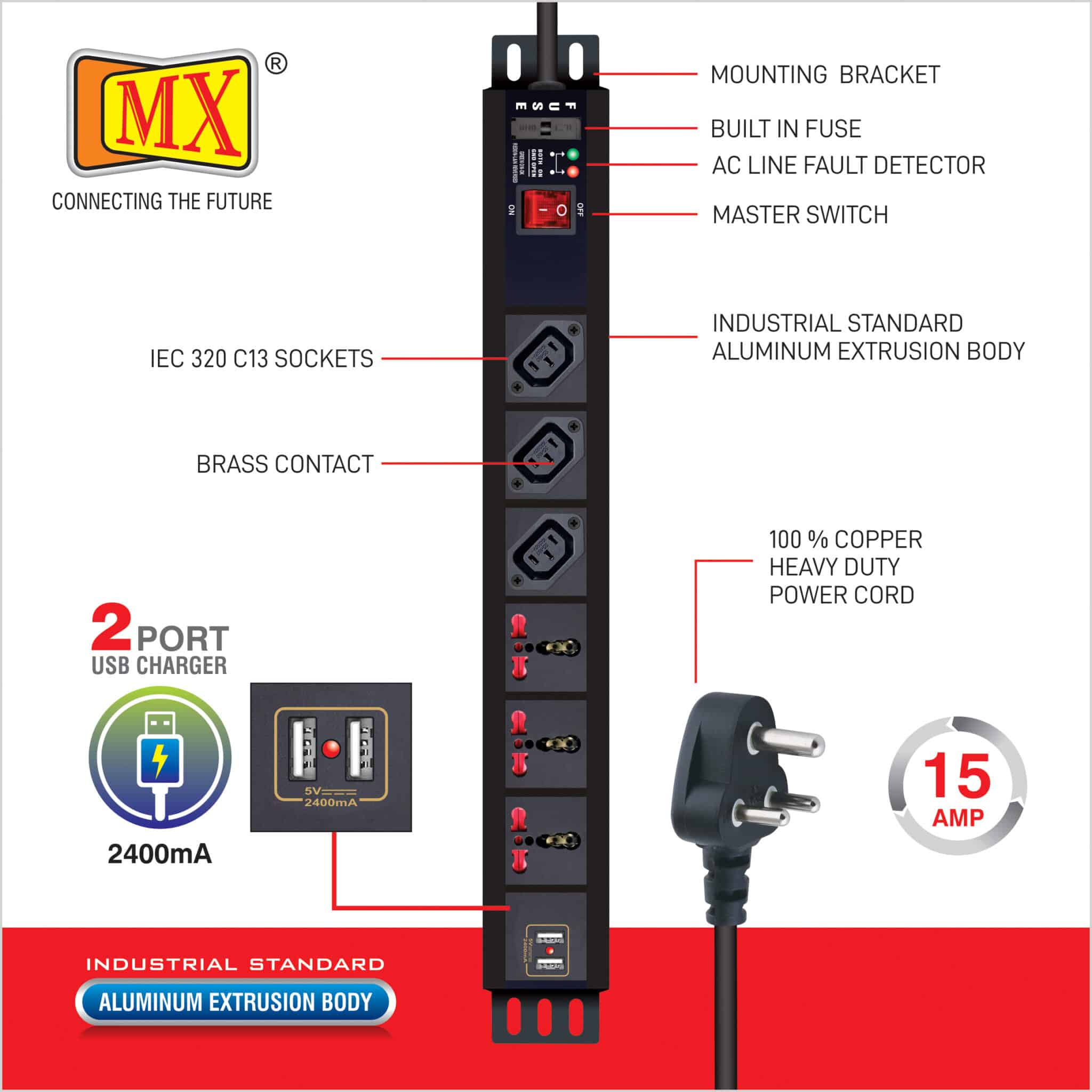MX 3-Outlet Power Distribution Unit with IEC 320 C13, 3 Universal Sockets (16A), 2 USB Ports (2.1A), Child Safety Shutter, Master Switch, Aluminum Body. Wall or desk mountable with a 1.5m power cord for home appliances like electric cooktop & Stove - Image 2