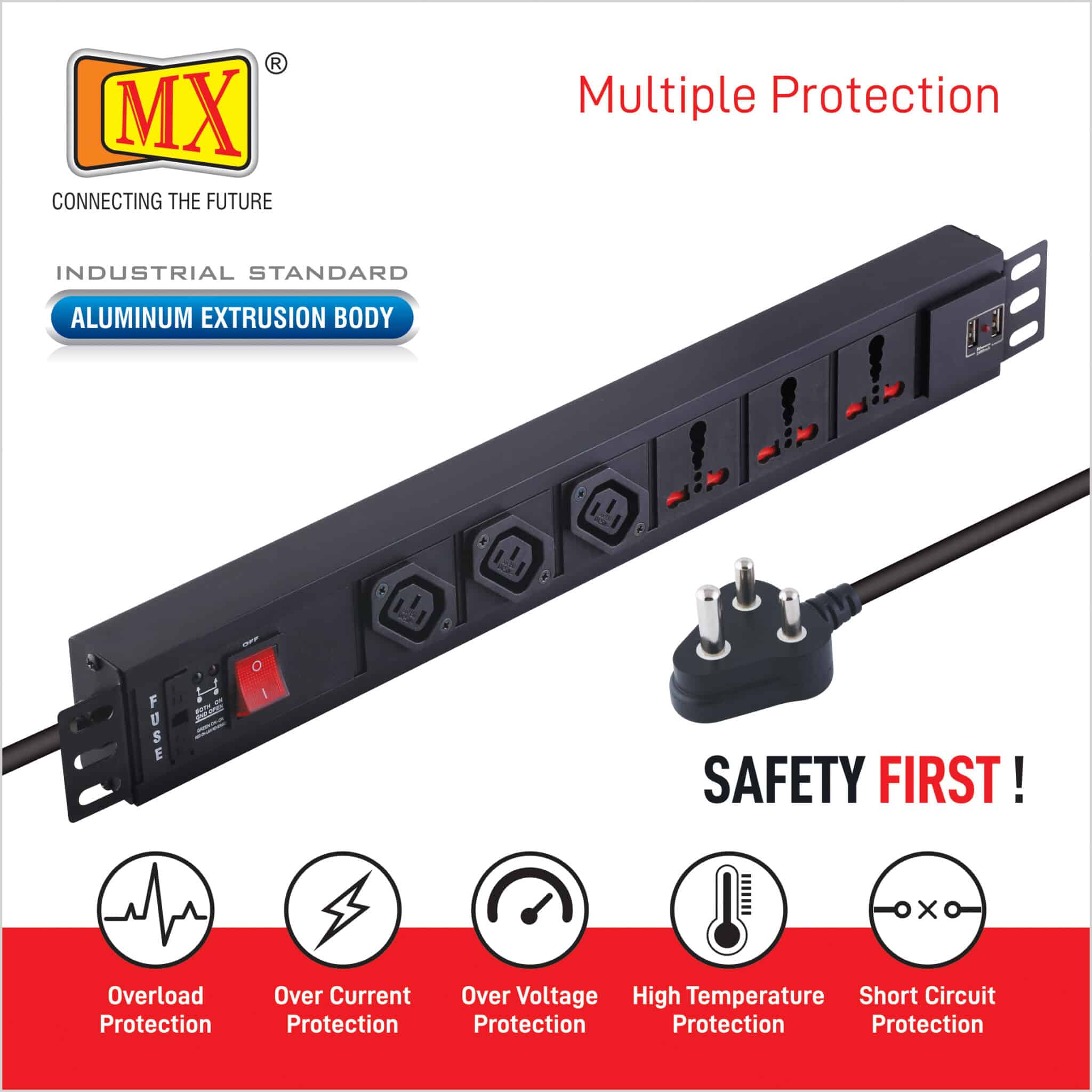MX 3-Outlet Power Distribution Unit with IEC 320 C13, 3 Universal Sockets (16A), 2 USB Ports (2.1A), Child Safety Shutter, Master Switch, Aluminum Body. Wall or desk mountable with a 1.5m power cord for home appliances like electric cooktop & Stove - Image 5