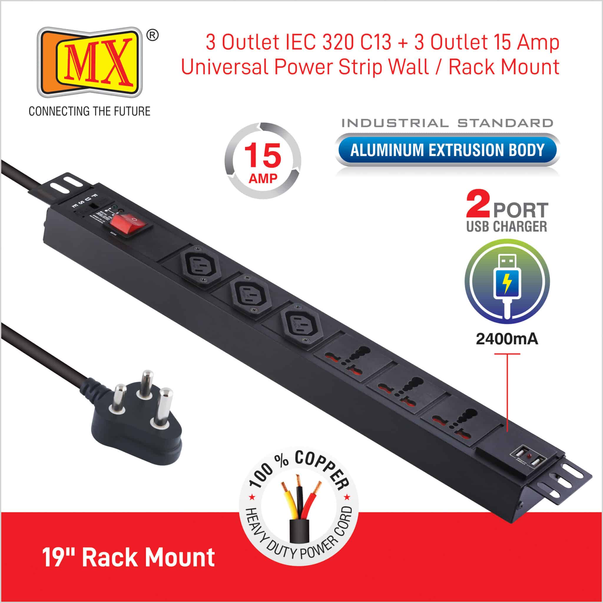 MX 3-Outlet Power Distribution Unit with IEC 320 C13, 3 Universal Sockets (16A), 2 USB Ports (2.1A), Child Safety Shutter, Master Switch, Aluminum Body. Wall or desk mountable with a 1.5m power cord for home appliances like electric cooktop & Stove - Image 4