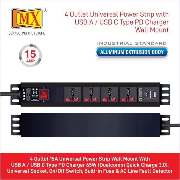 MX 4-Outlet Power Distribution Unit: 15A Universal Socket, USB-C PD 95W + USB-A Port, Fuse, Master Switch, Wall Mount, 1.5m Cord. - Image 2