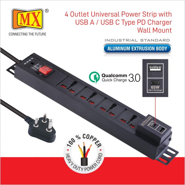 MX 4-Outlet Power Distribution Unit: 15A Universal Socket, USB-C PD 95W + USB-A Port, Fuse, Master Switch, Wall Mount, 1.5m Cord. - Image 3