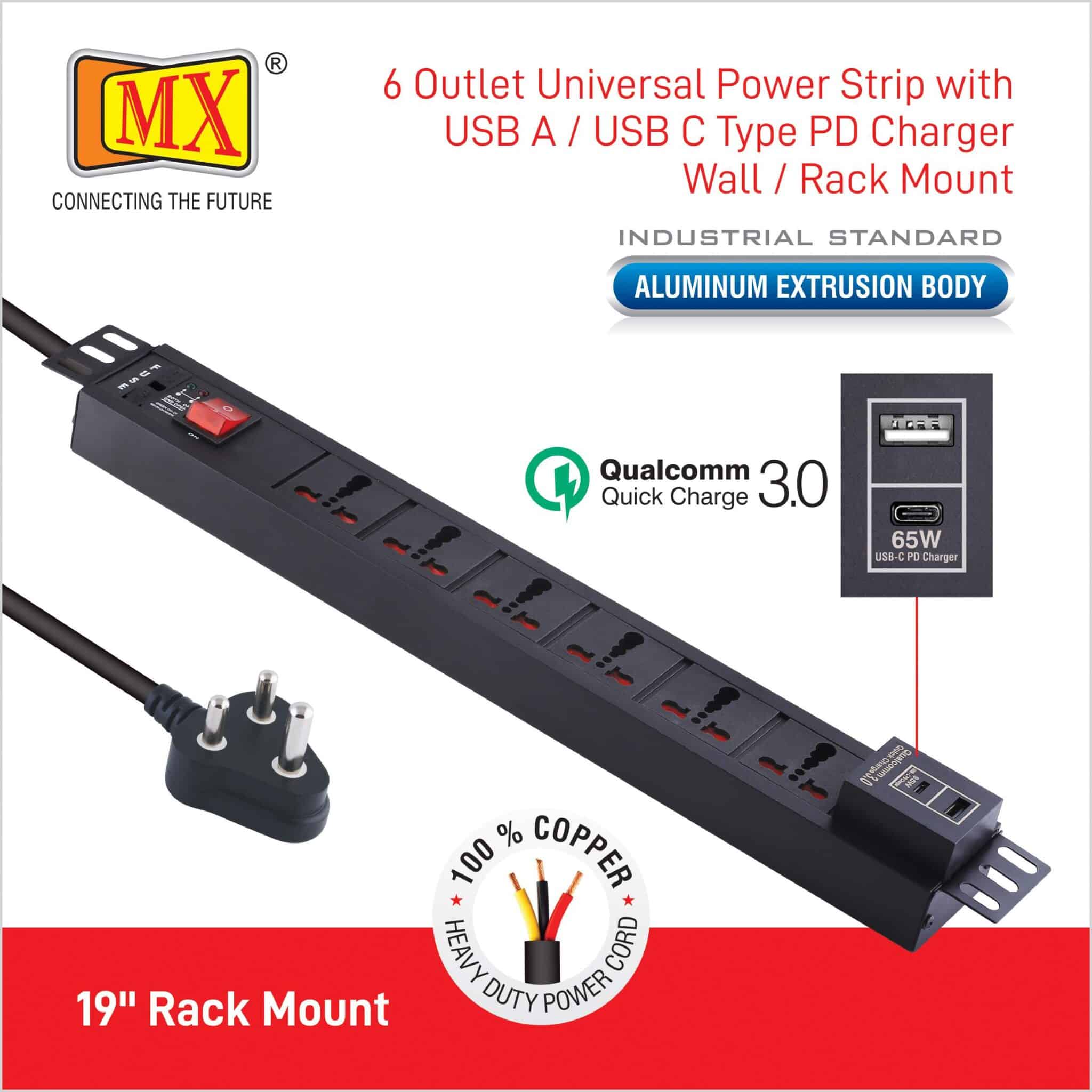 MX 6-Outlet Power Unit: 15A Universal Socket, USB-C PD 95W + USB-A Port, Fuse, Master Switch, Wall Mount, 1.5m Cord for home appliances like electric cooktop & Stove - Image 3